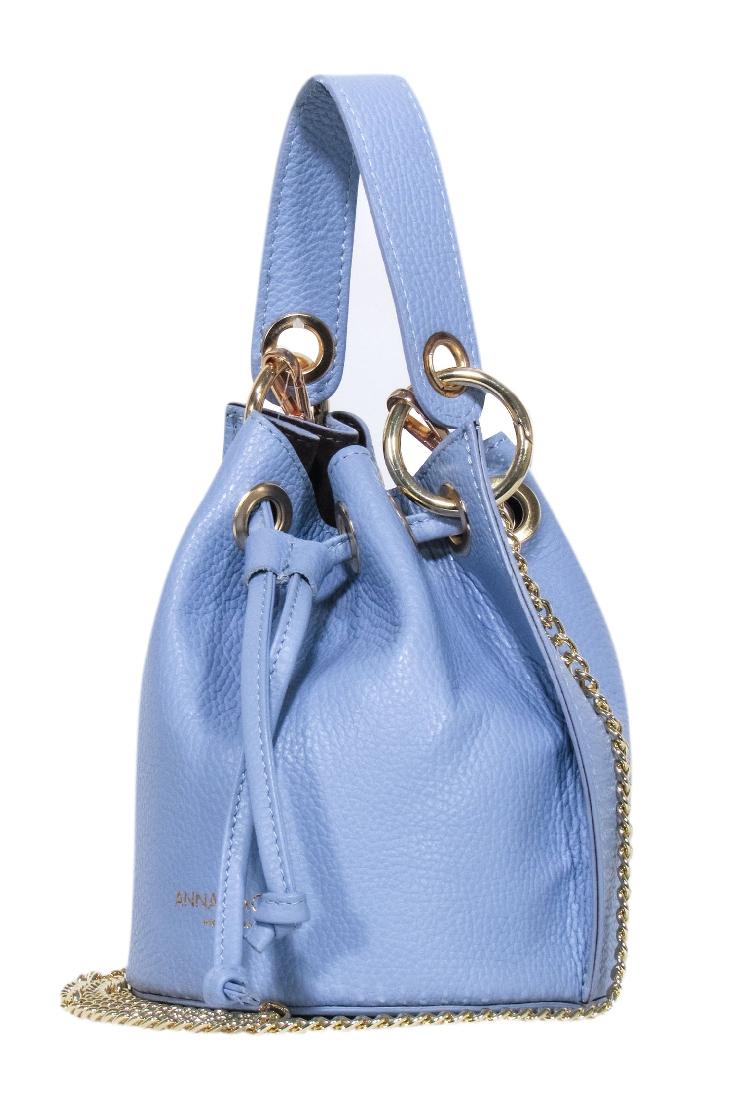 Anna Paola Light Blue Pebbled Leather Glam Bucket Bag