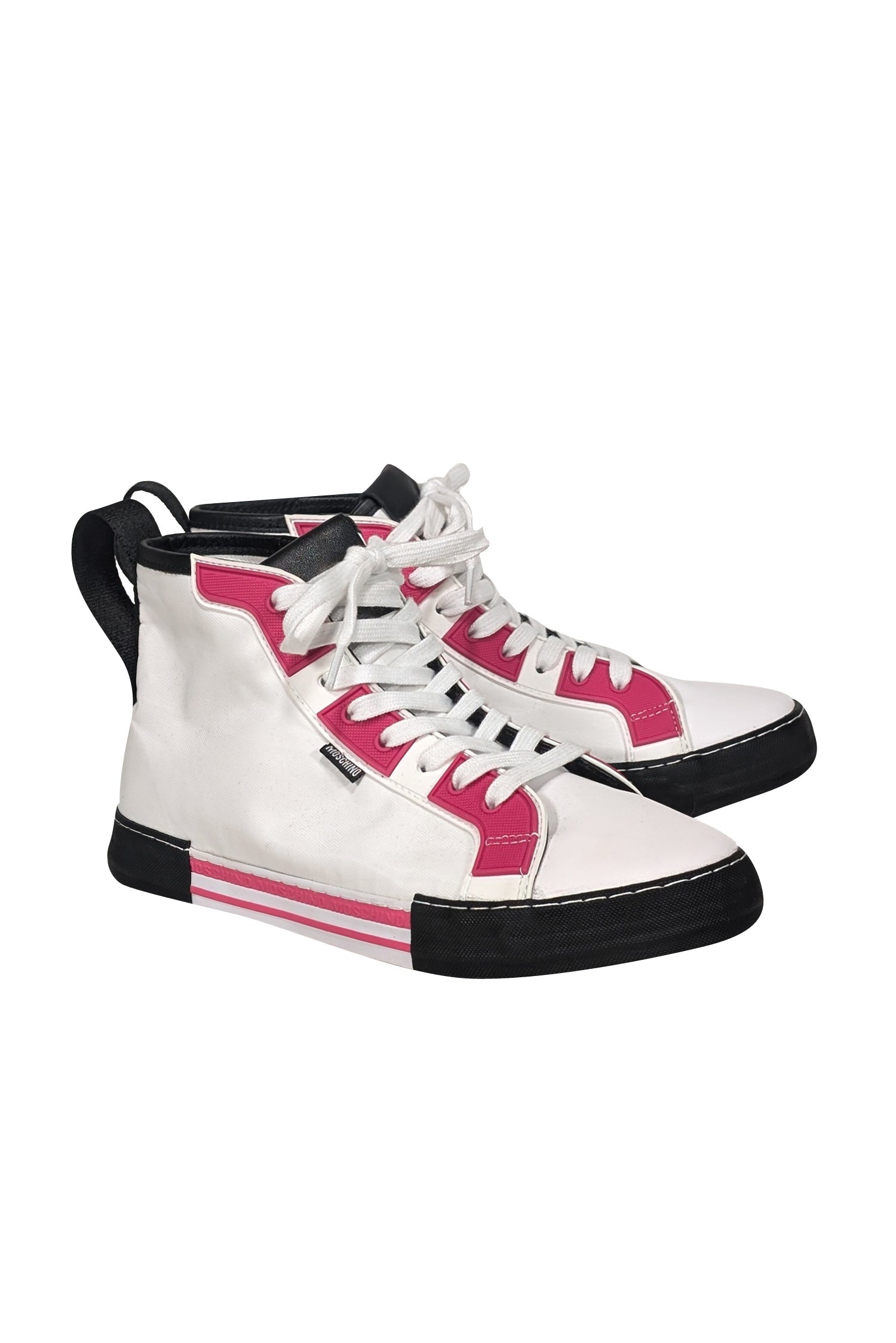 Moschino Stylish White, Pink & Black High - Top Sneakers - Size 11