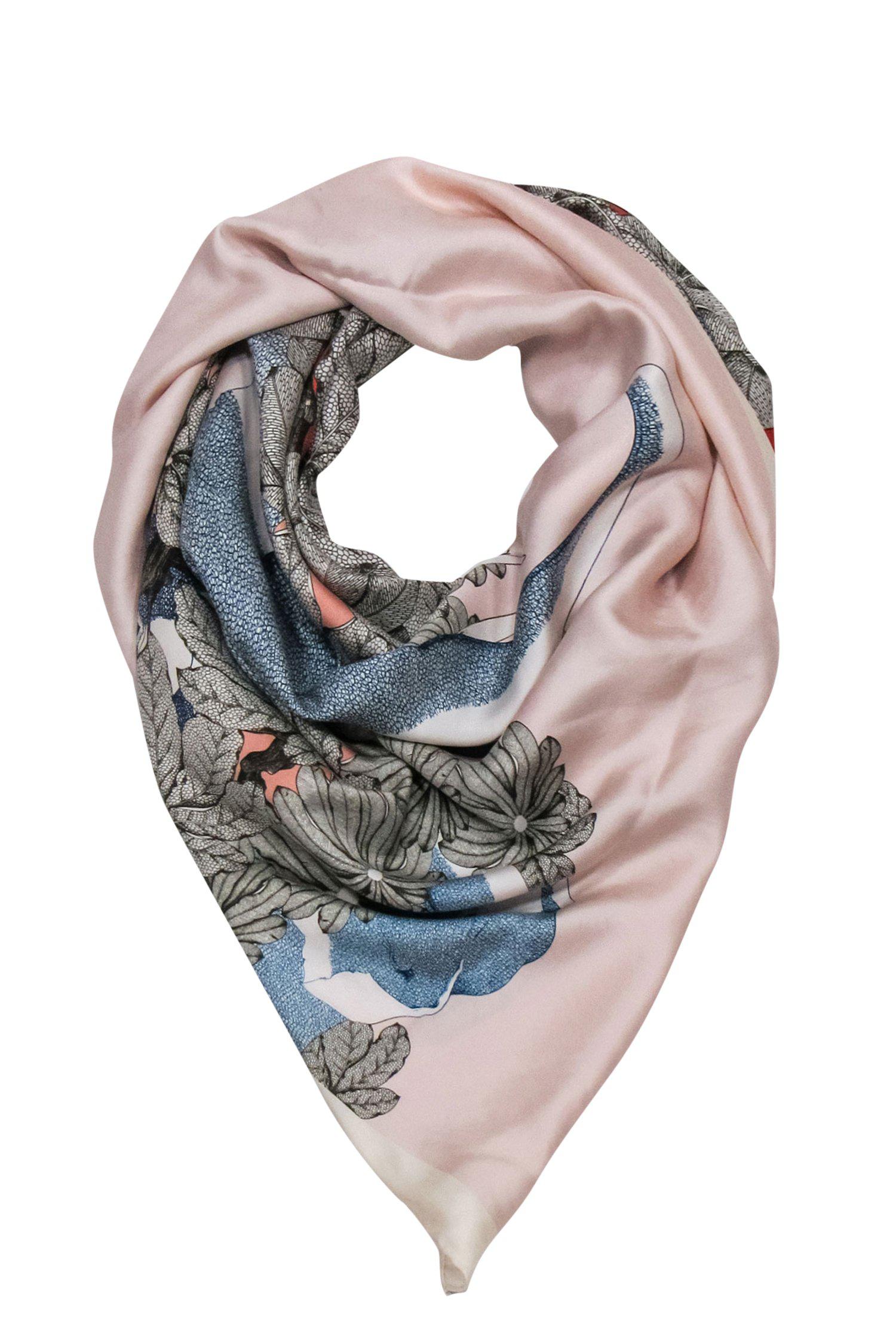 Jim Thompson's Exquisite Light Pink, Grey & Blue Elephant Jungle Print Silk Scarf
