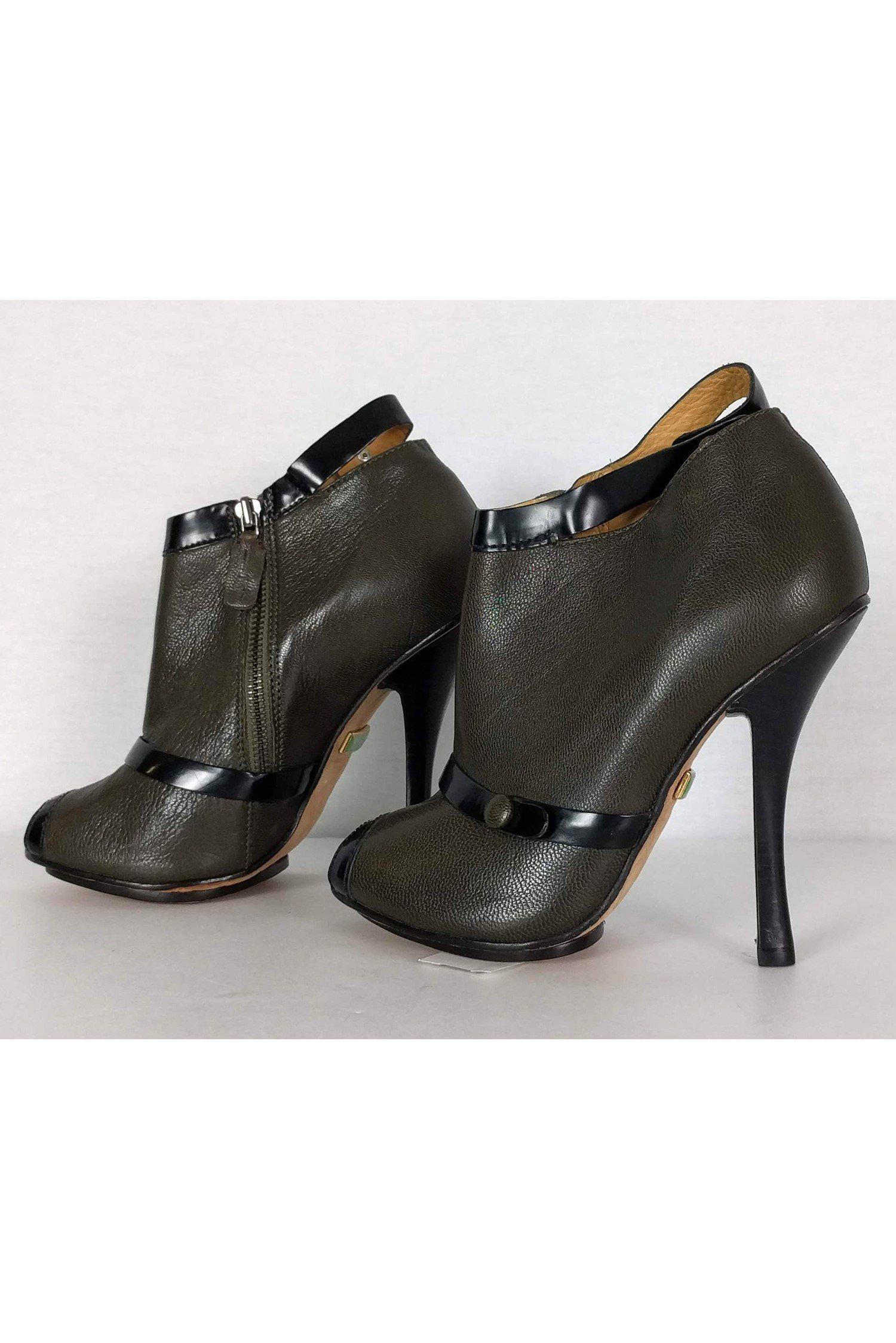 L.A.M.B. Olive Green & Black Open Toe Booties - Size 7 - Stylish and Flirty!
