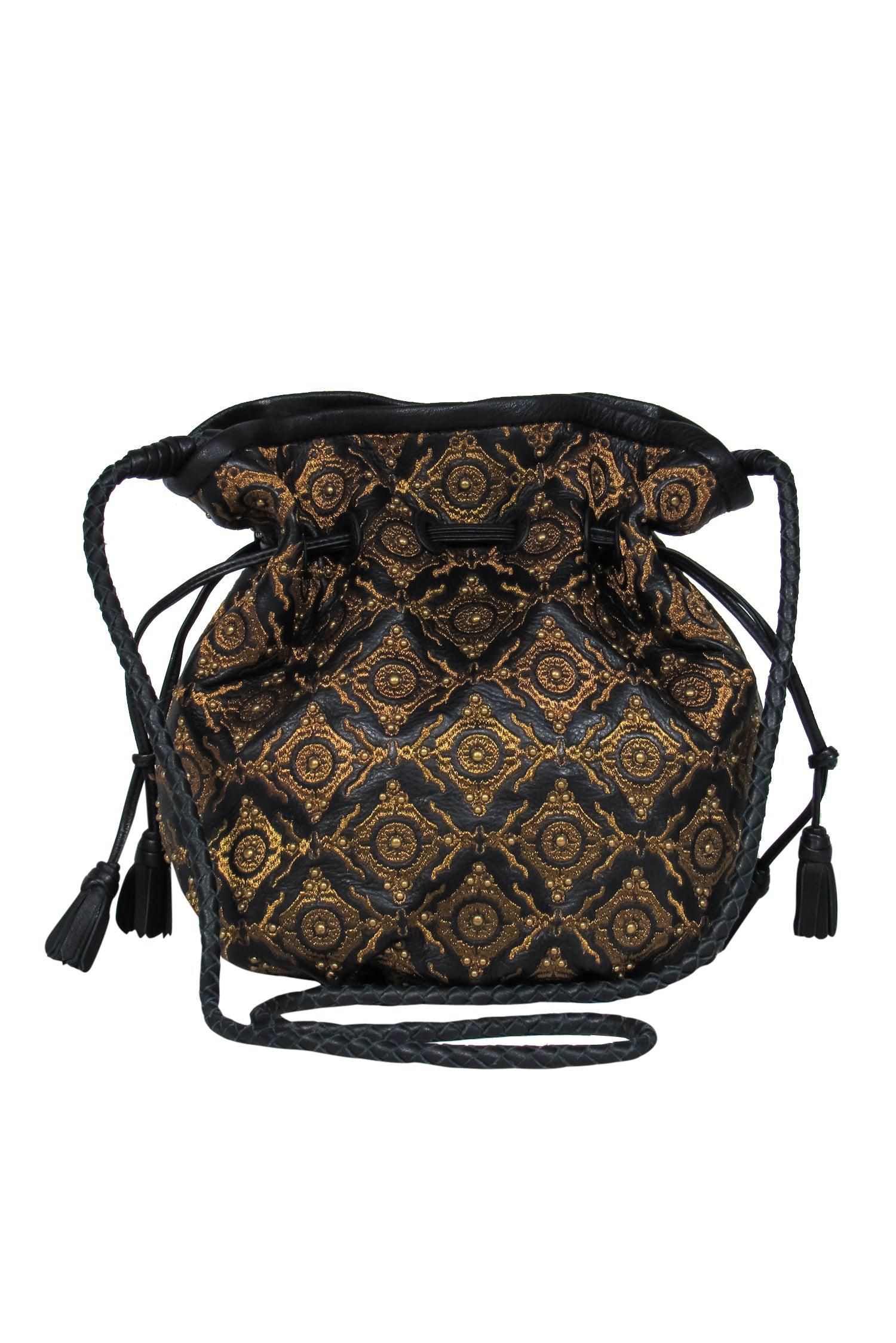 Isabella Fiore's Enchanting Black Leather & Gold Embroidered Grace Bucket Bag