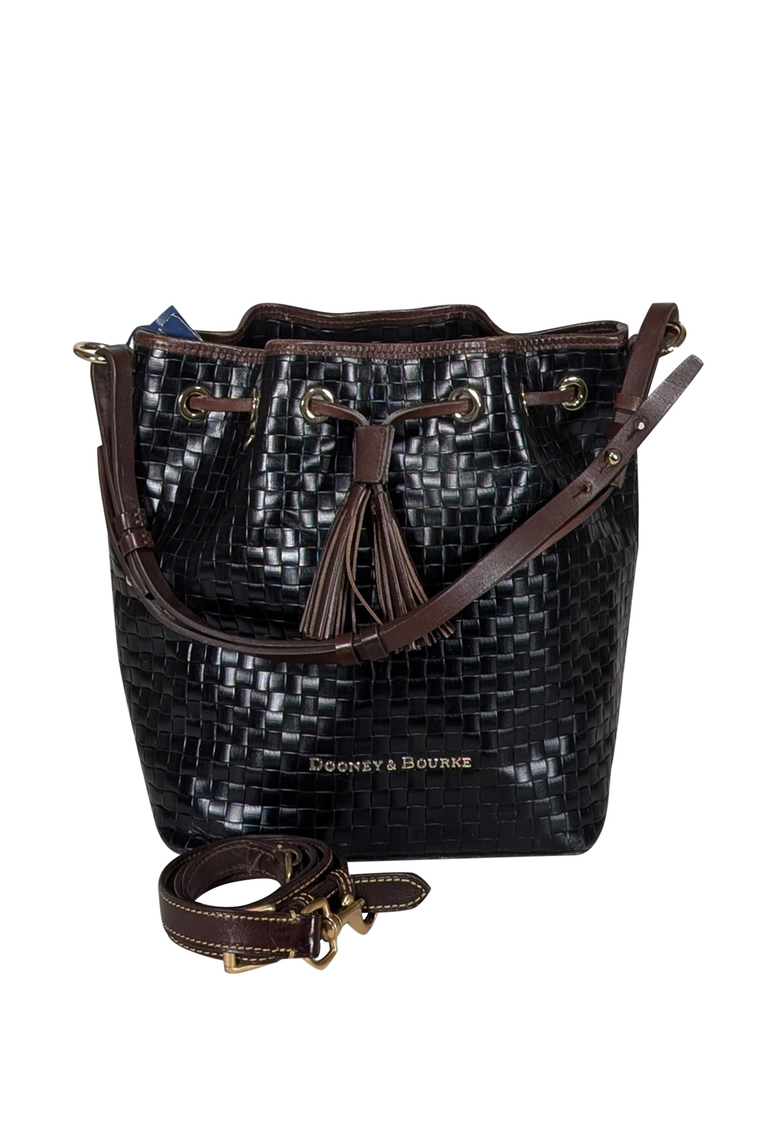 Dooney & Bourke's Stunning Black Woven Leather Bucket Bag with Brown Trim
