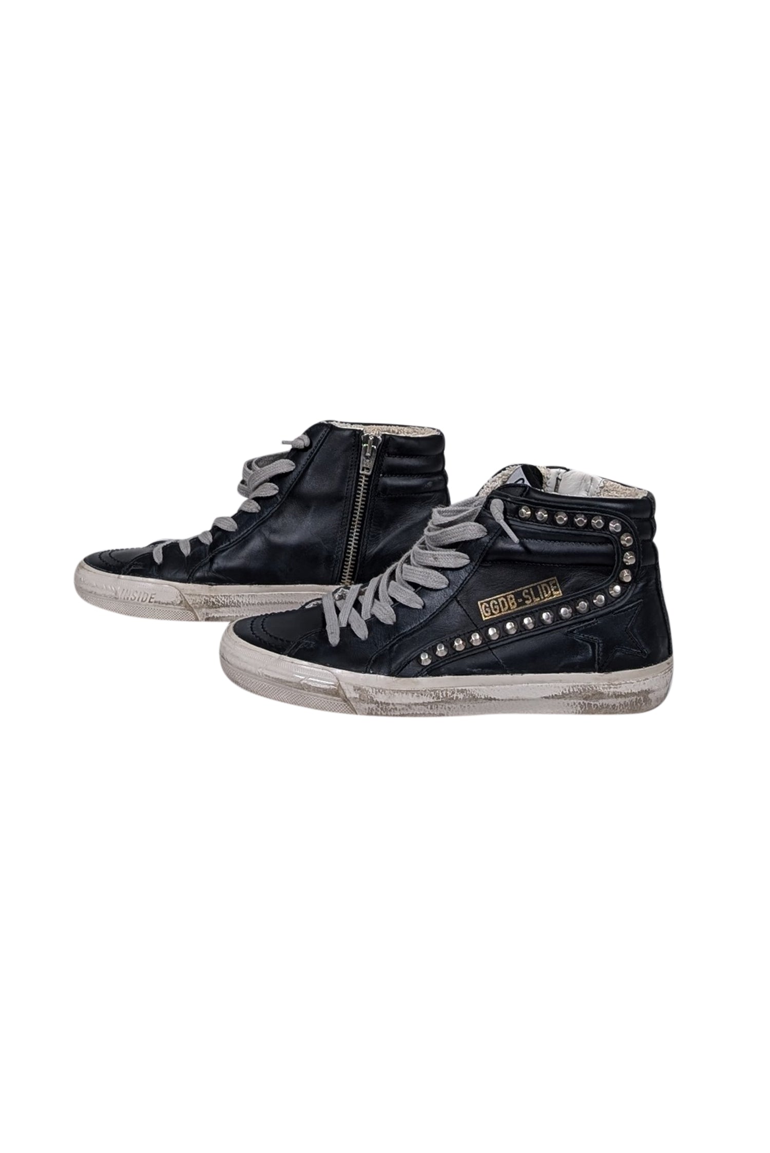 Golden Goose - Edgy Black Leather Slide Mid-Top Studded Sneakers, Size 7