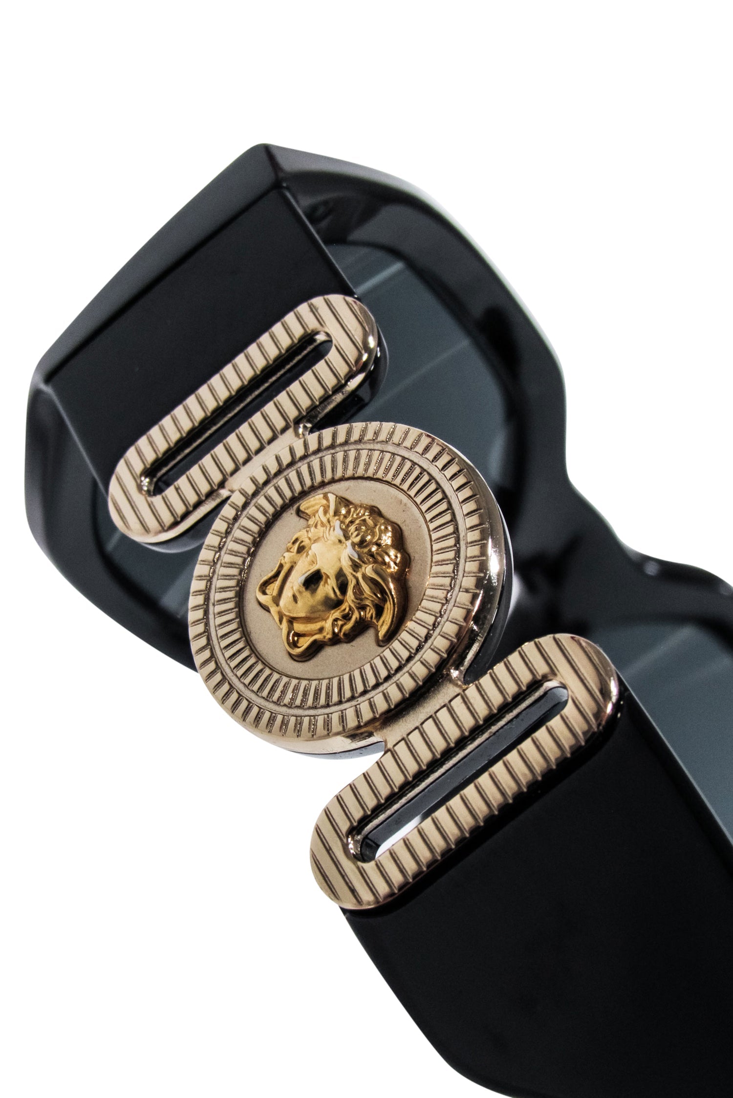 Versace - Stunning Black Rectangular Sunglasses with Gold Head Logo Sides
