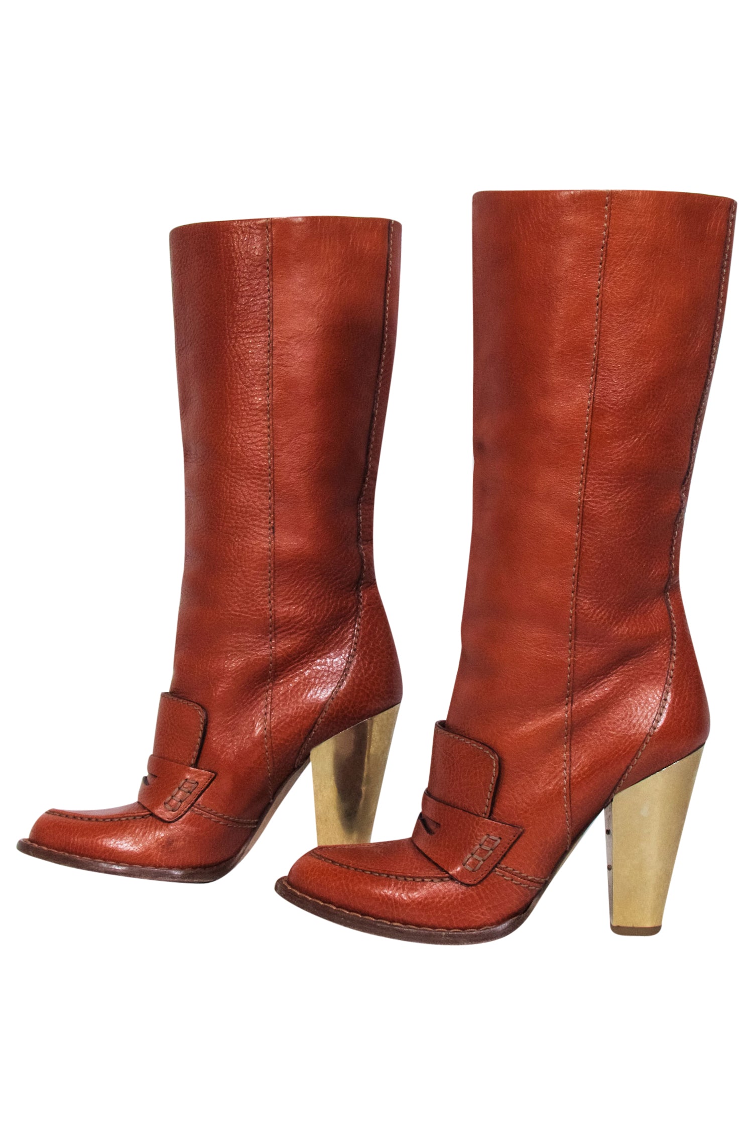 Dolce & Gabbana Tan Leather Tall Boots with Gold Heel - Size 7.5 - Festival Fashion Must-Have
