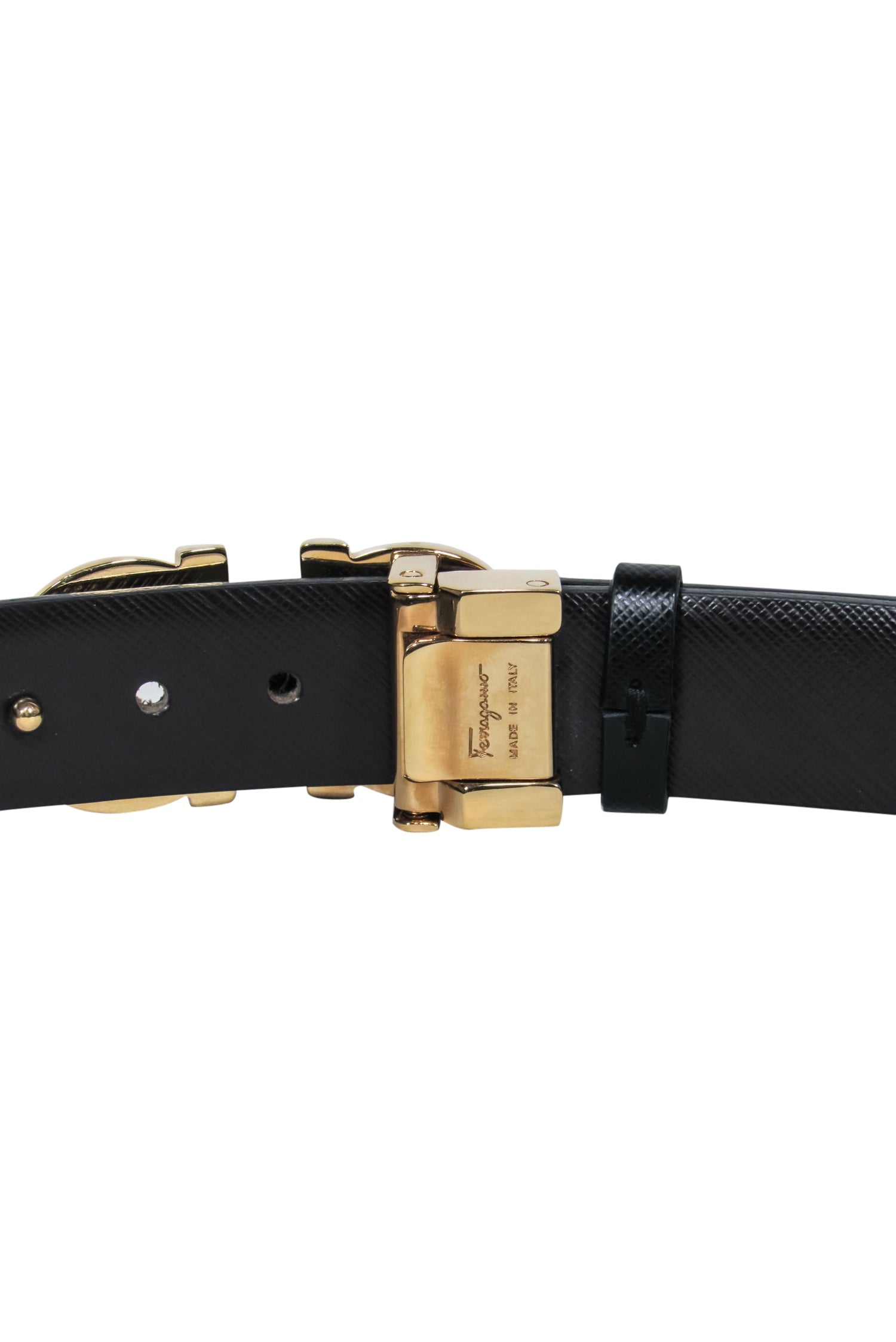 Ferragamo's Luxurious Black Textured Leather Belt with Golden Link Buckle