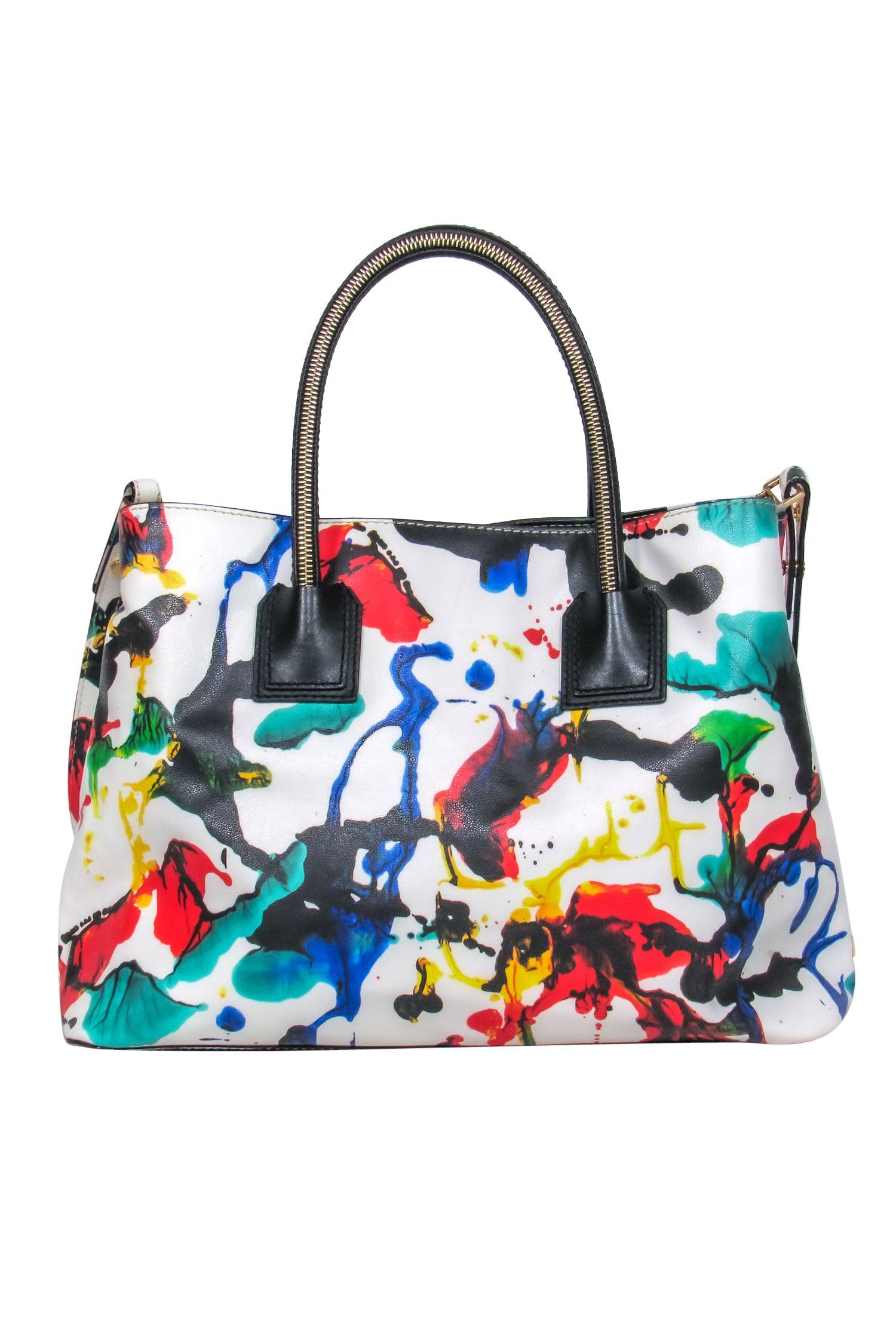 Milly's Exquisite White & Multicolor Paint Splatter Handbag with Detachable Strap