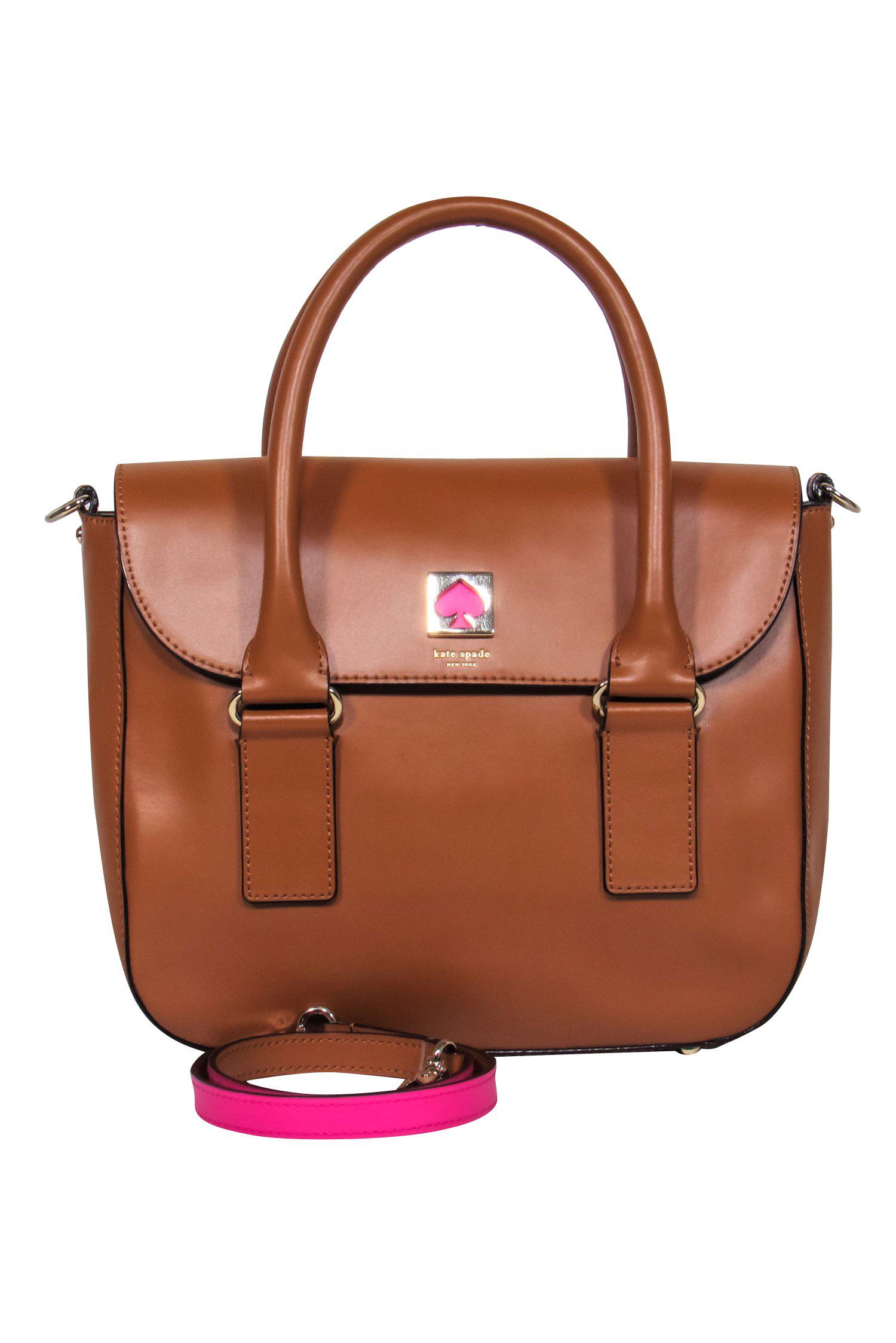 Kate Spade Brown Leather Satchel with Stunning Pink Trim