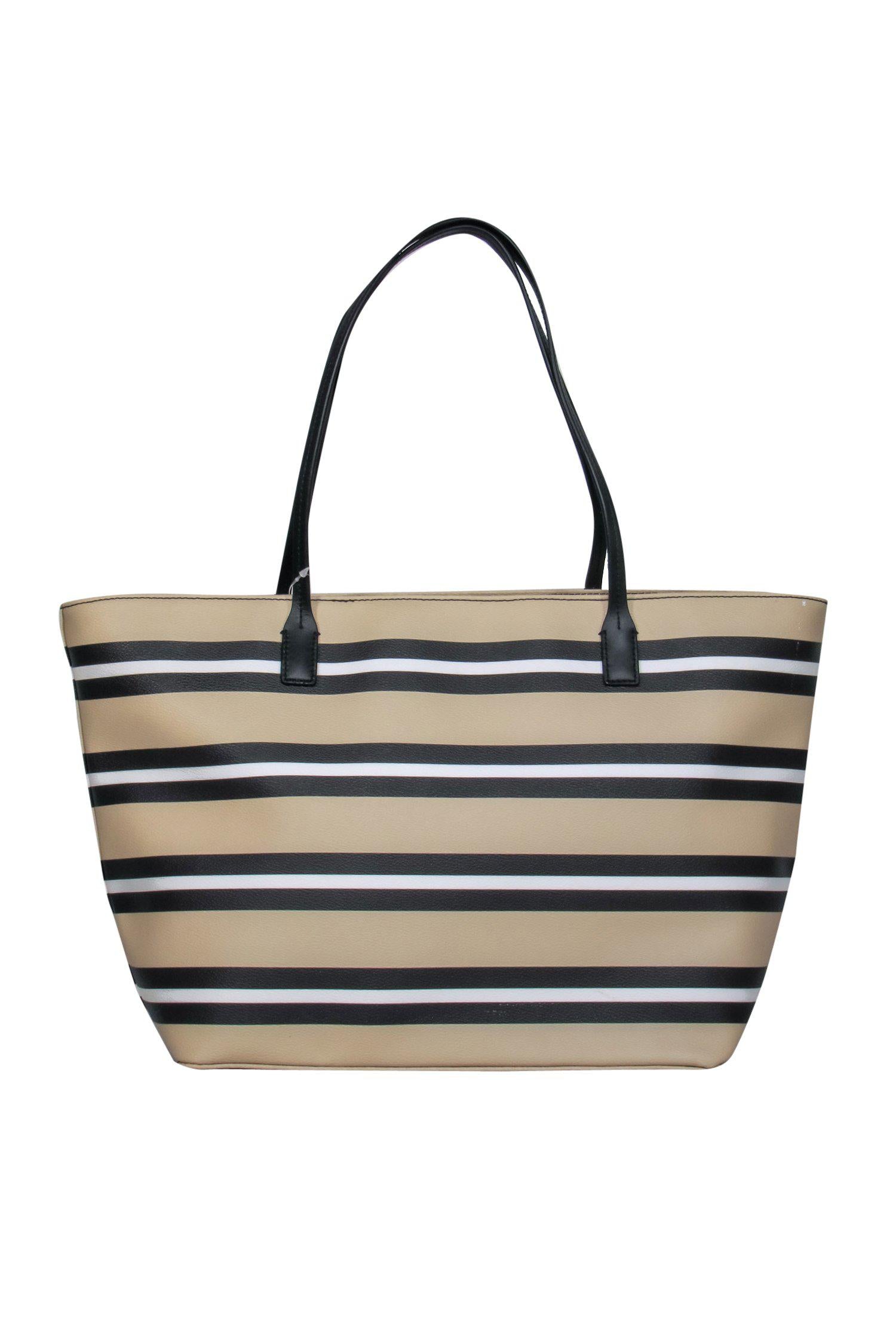 Kate Spade - Chic Beige & Black Striped Leather Tote for Effortless Style