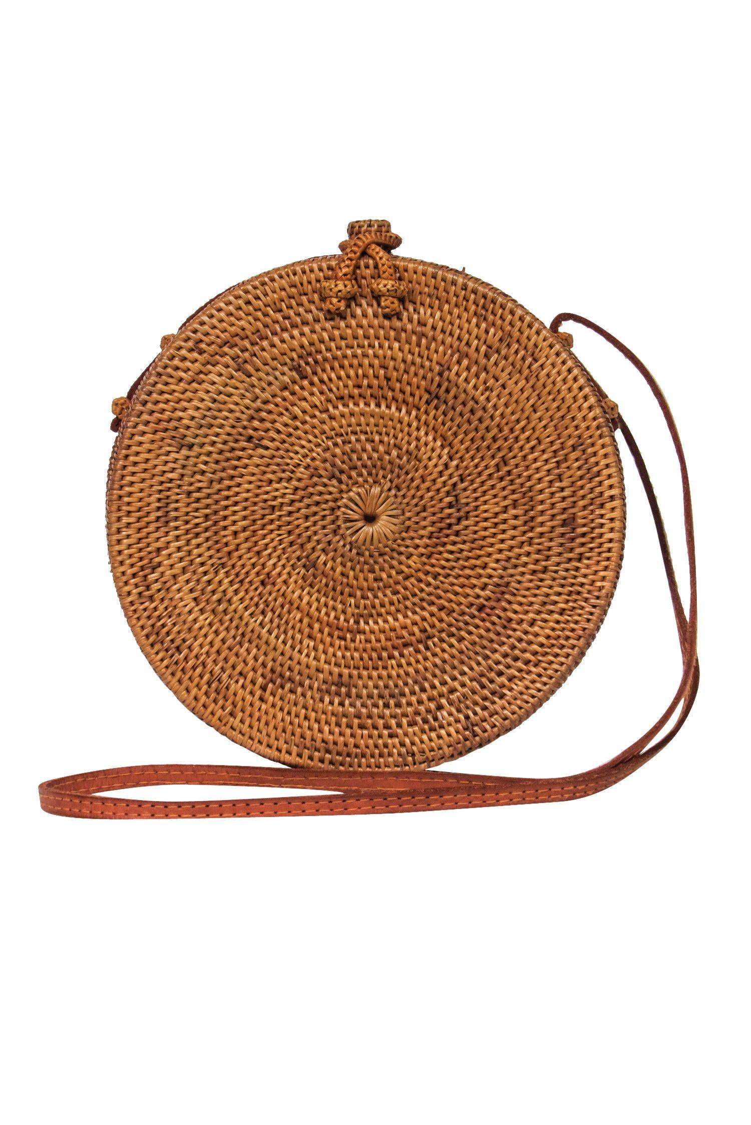 Bembien - Trendy Tan Wicker Circle Rose Crossbody Bag for Summer