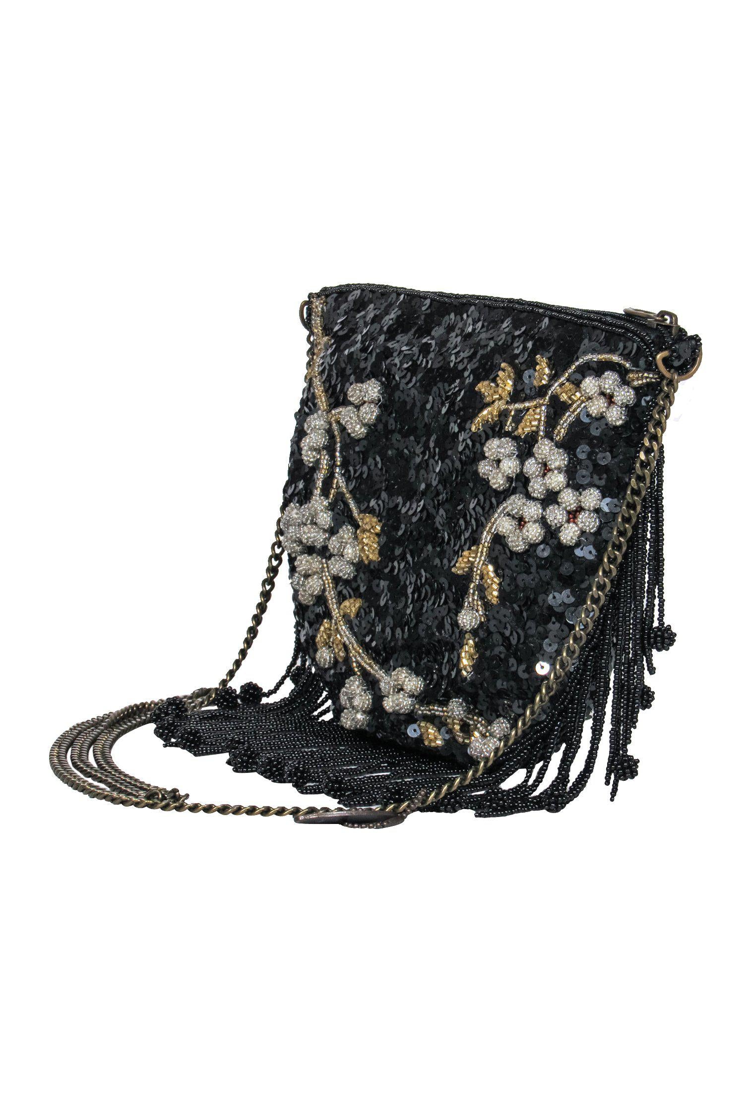 Mary Frances - Stunning Black Sequin & Beaded Floral Fringe Crossbody Bag