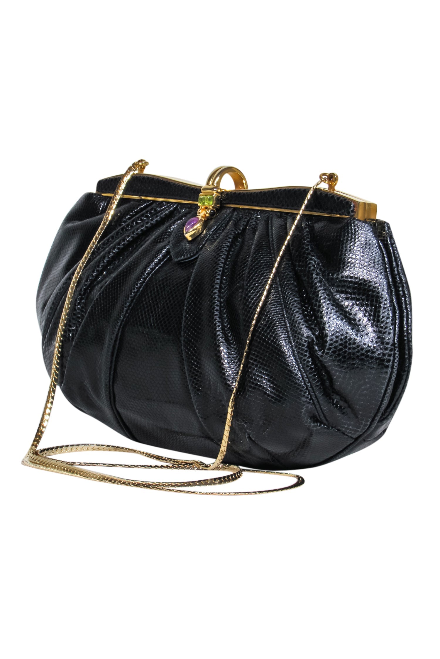 Judith Leiber - Exquisite Black Snakeskin Clutch with Purple & Green Gem Clasp