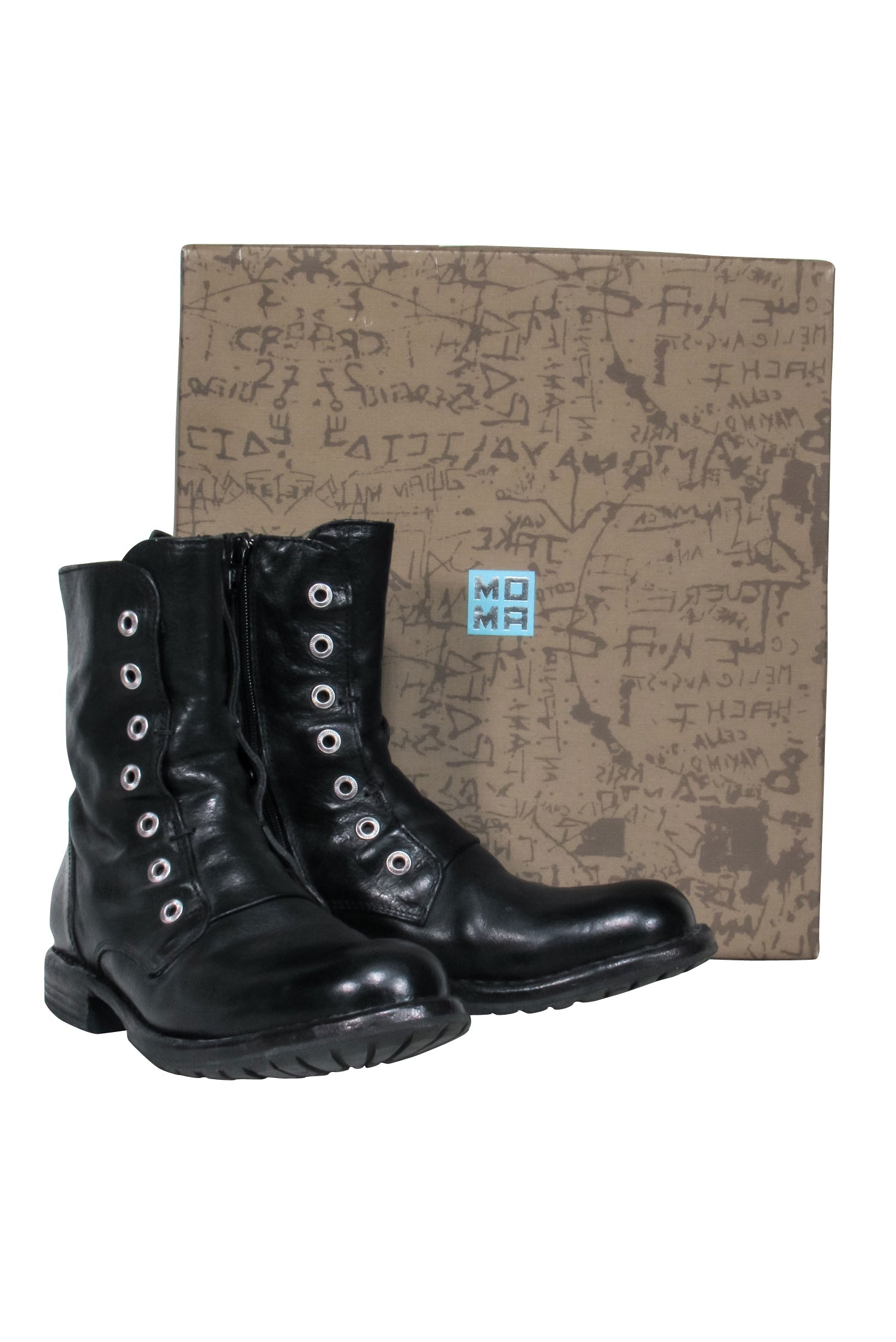 Moma Black Leather Grommet Trim Mid-Calf Boot - Size 9.5 - A Fashion Statement!