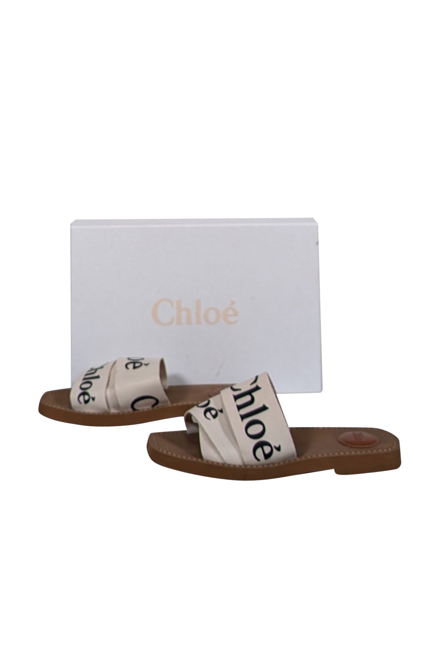 Chloe - Stylish White Woody Logo Ribbon Slide Sandals in Size 7