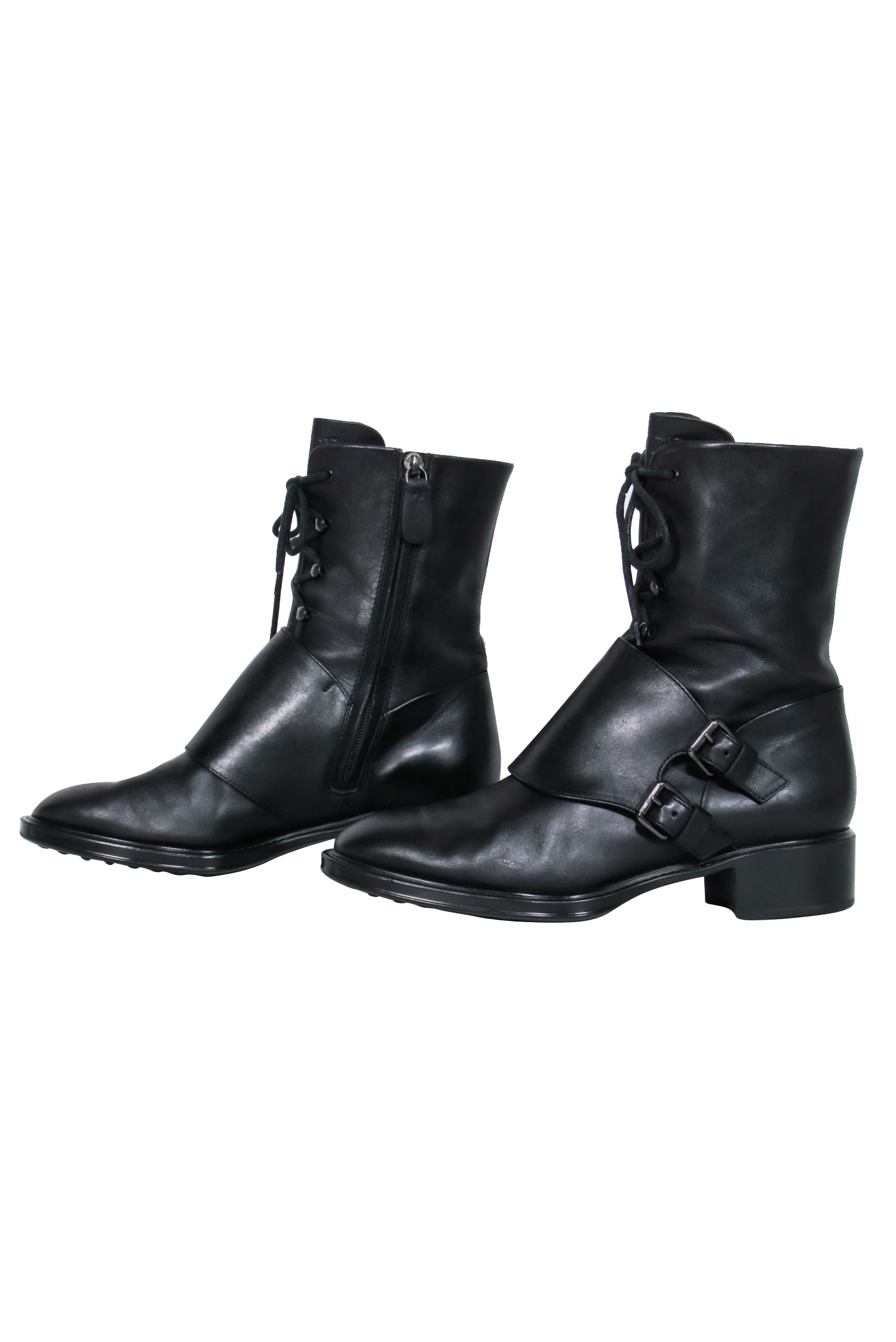 Tod's Black Lace-Up & Double Buckle Combat Boots - Size 8