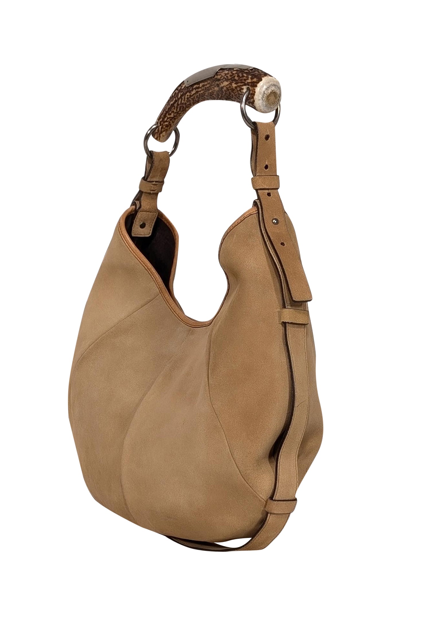 Yves Saint Laurent's Irresistible Beige Suede Horn Handle Shoulder Bag