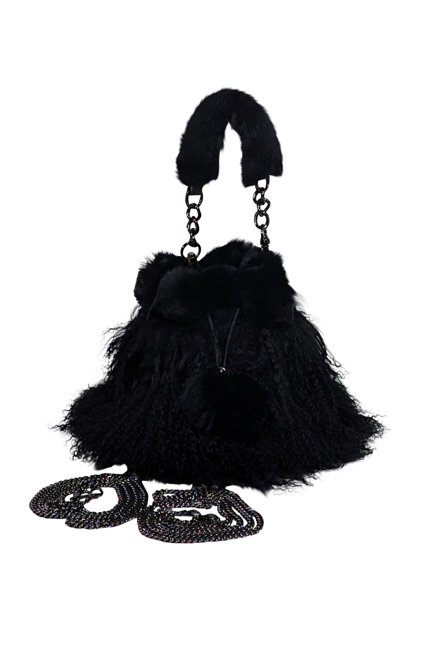 Ectcetra - Chic Black Lamb Fur Mini Bucket Bag