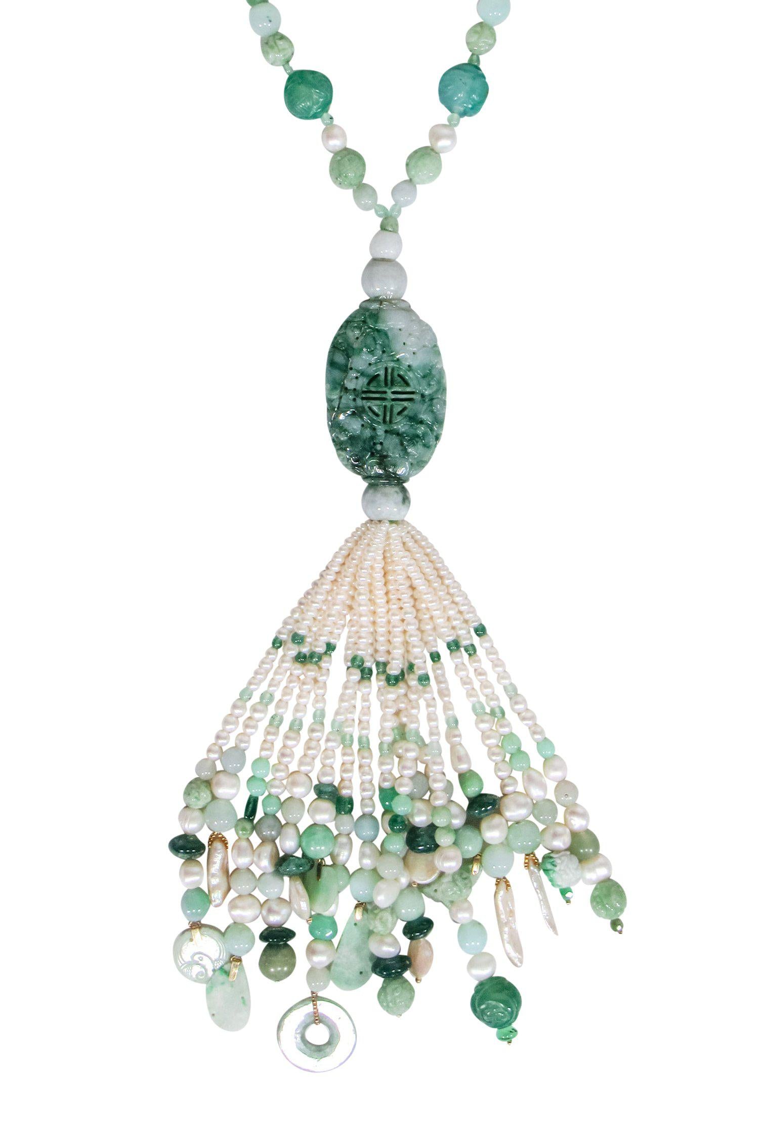 Exquisite Jade & Pearl Carved Tassel Necklace
