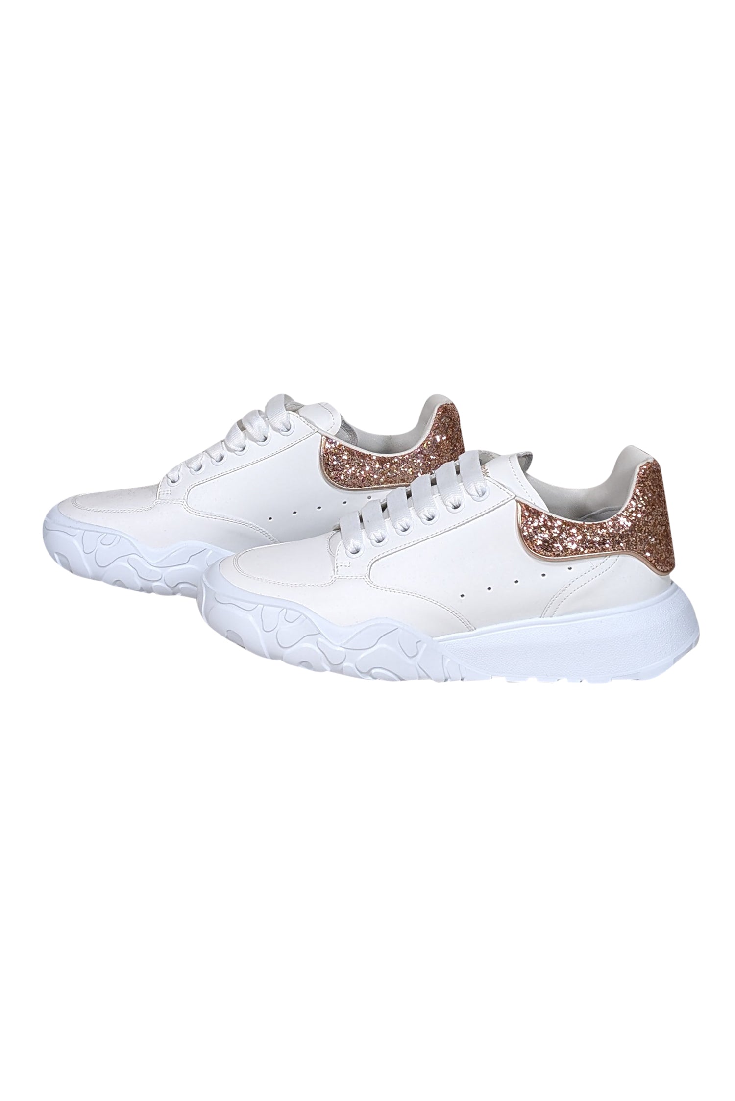 Alexander McQueen - Stunning White Leather Lace - Up Sneakers with Rose Gold Accents, Size 10
