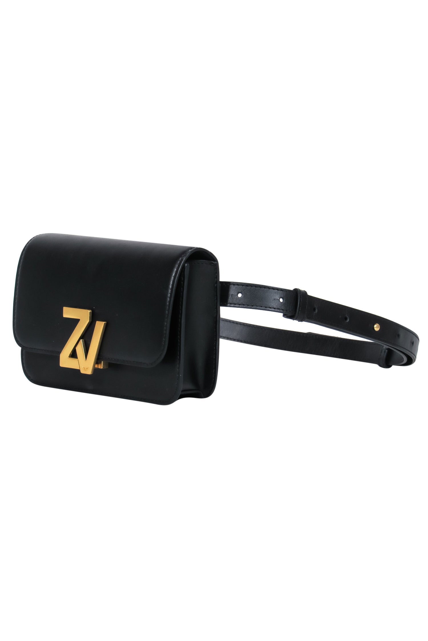 Zadig & Voltaire - Luxurious Black Leather Fold-Over Fanny Pack with Stunning Gold Logo Clasp