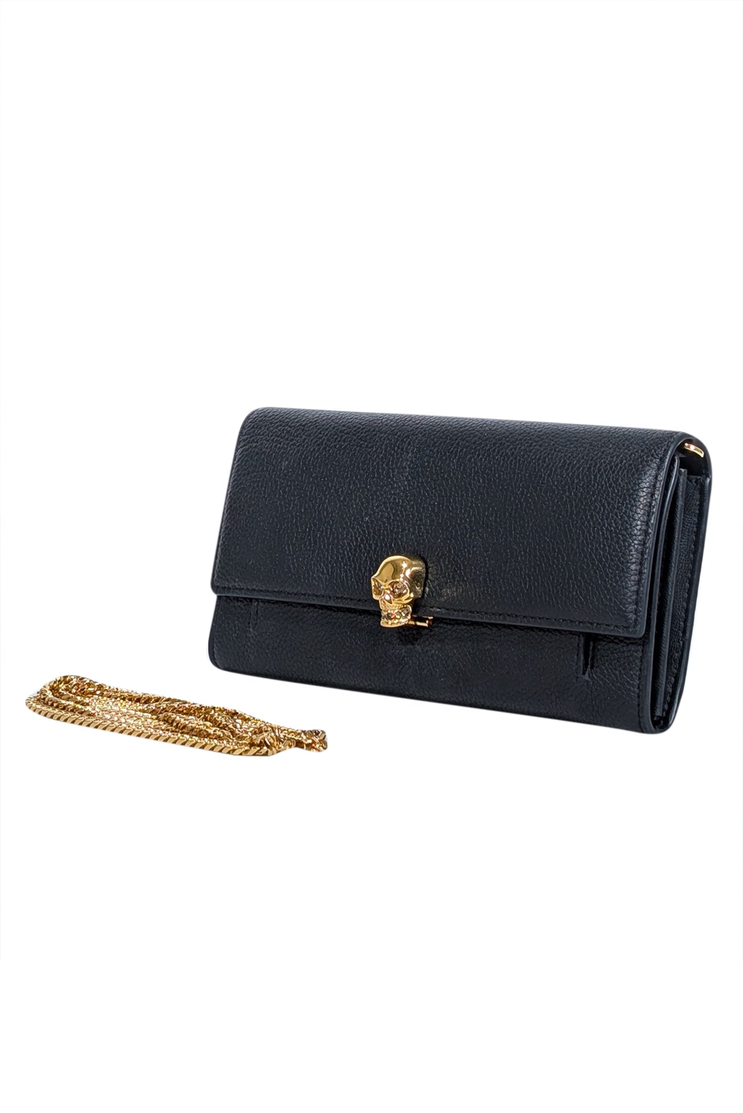 Alexander McQueen's Chic Black Leather Clutch with Stunning Gold Skull Closure