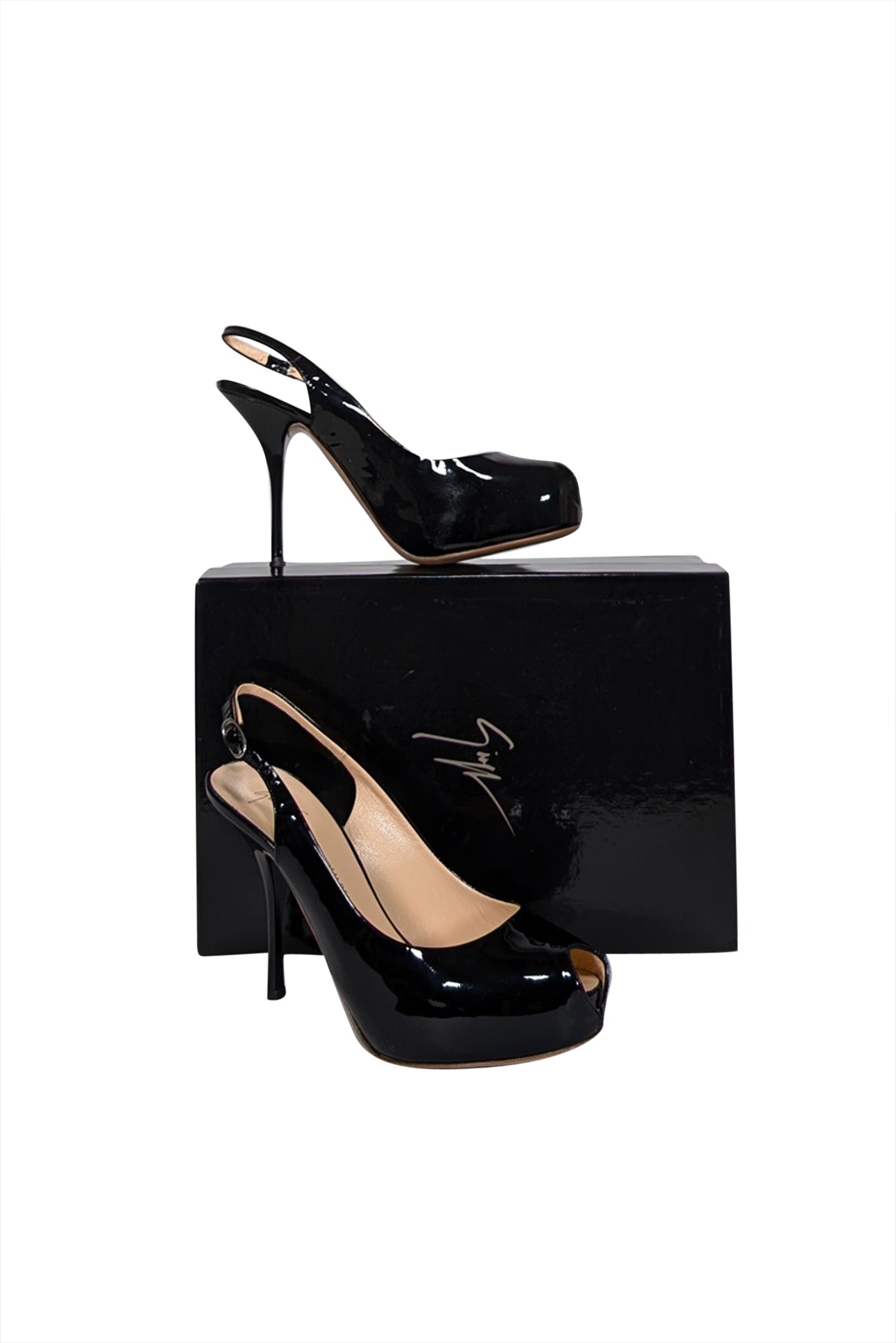 Giuseppe Zanotti Black Patent Leather Peep Toe Slingback Heels - Size 8 - Irresistible Night Out Shoes