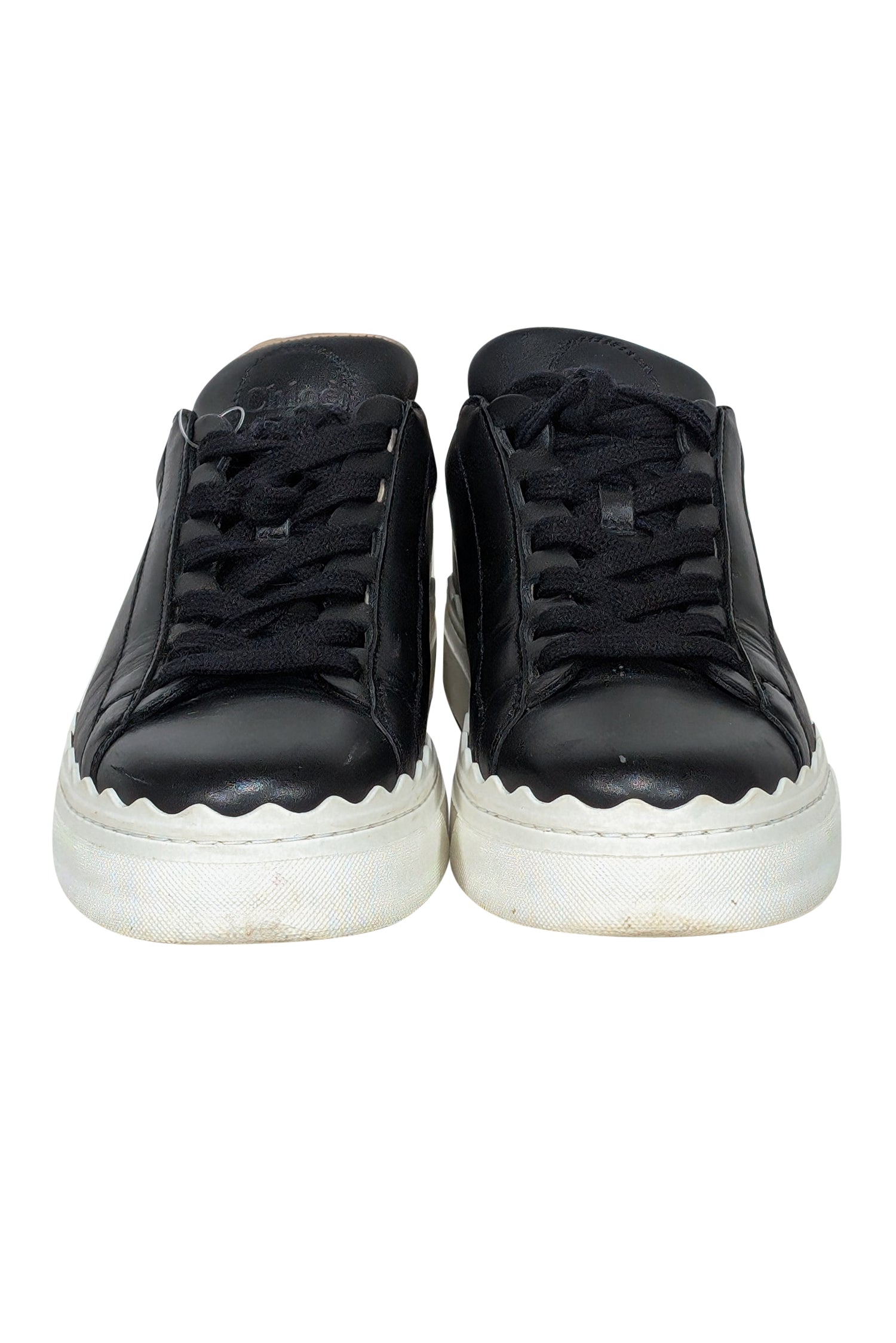 Chloe's Stunning Black Leather Sneakers with Scallop Trim - Size 7