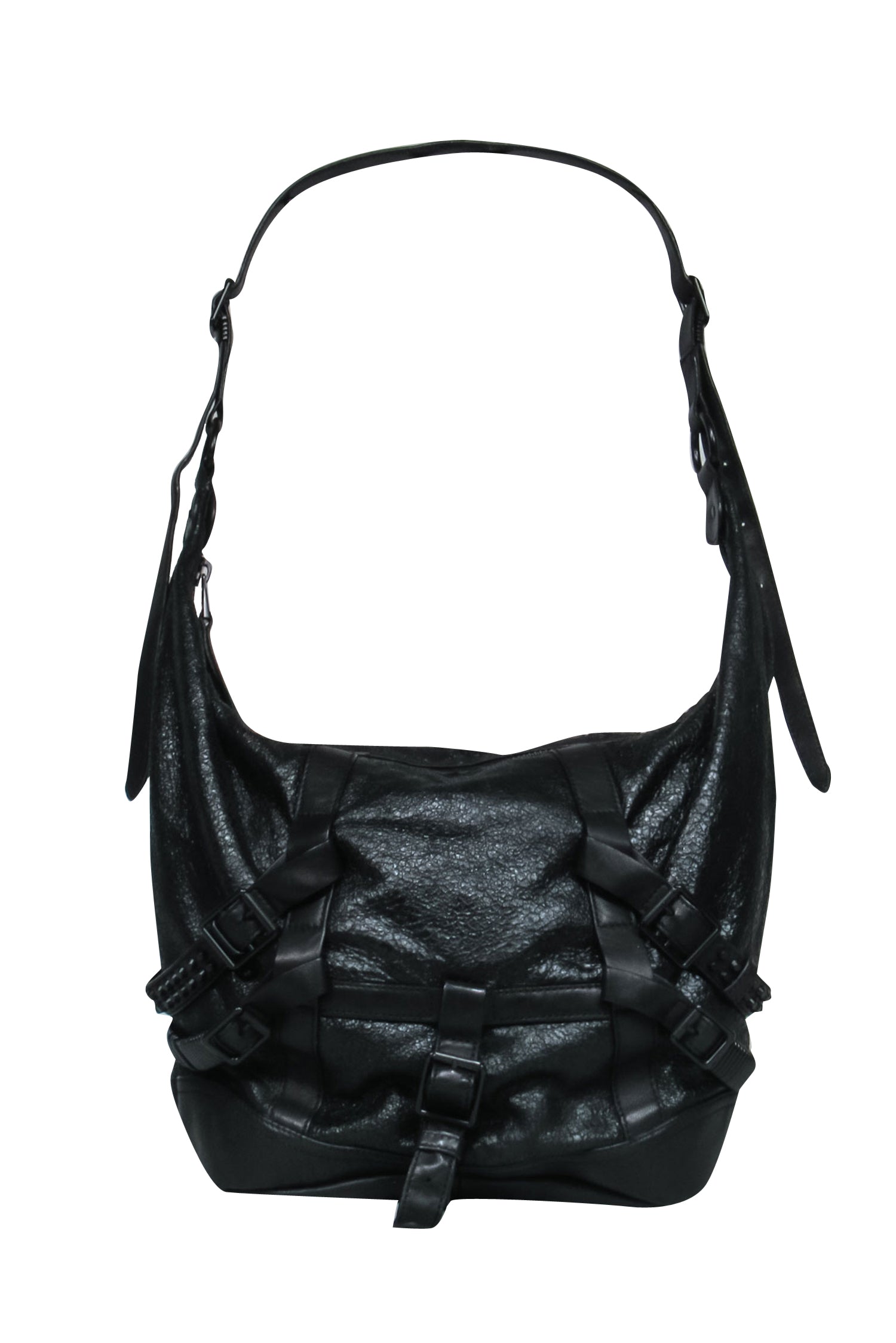 Ash Black Textured Leather Rocker Shoulder Bag with Buckles & Studs