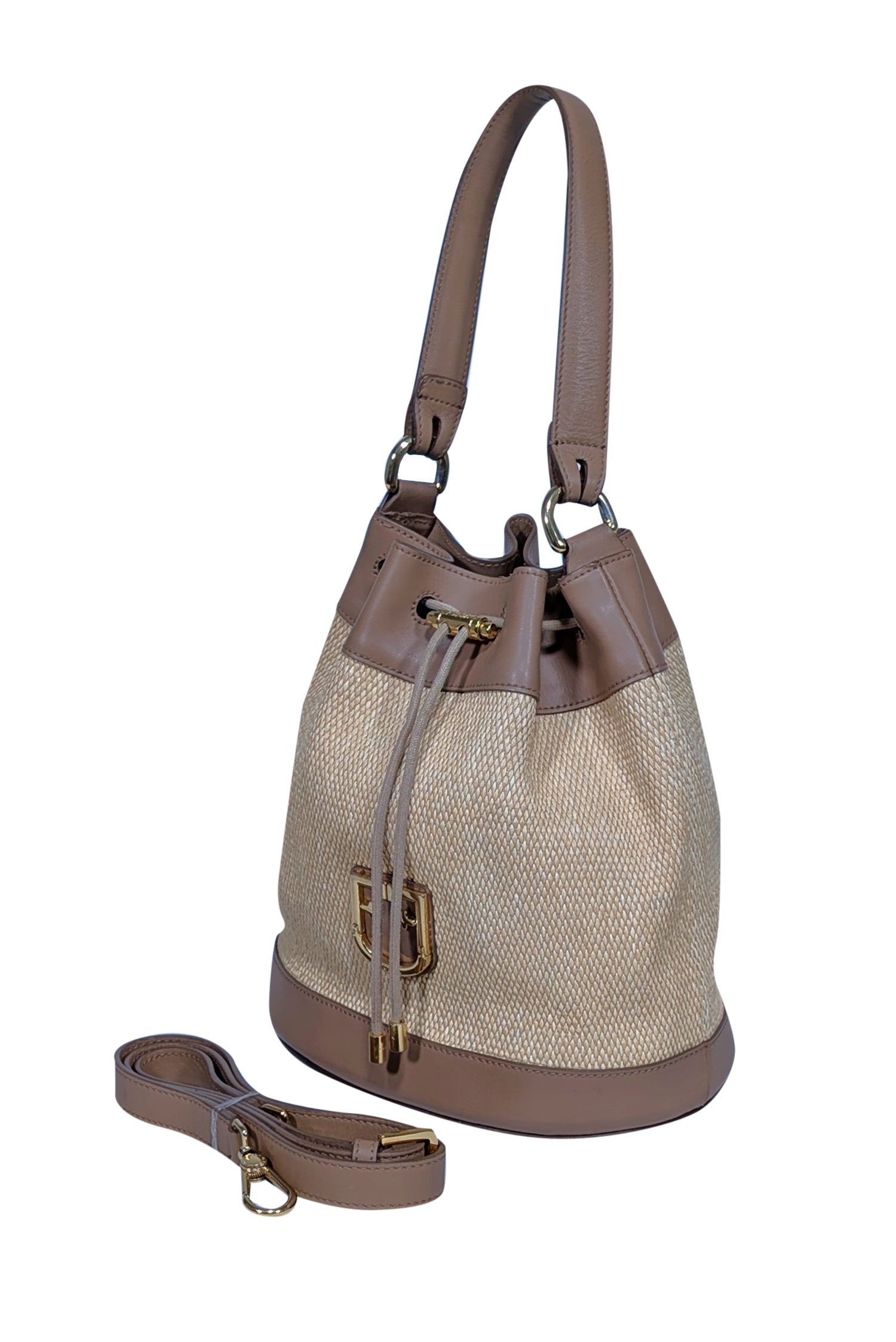 Furla's Irresistible Beige Raffia Bucket Bag with Genuine Leather Trims