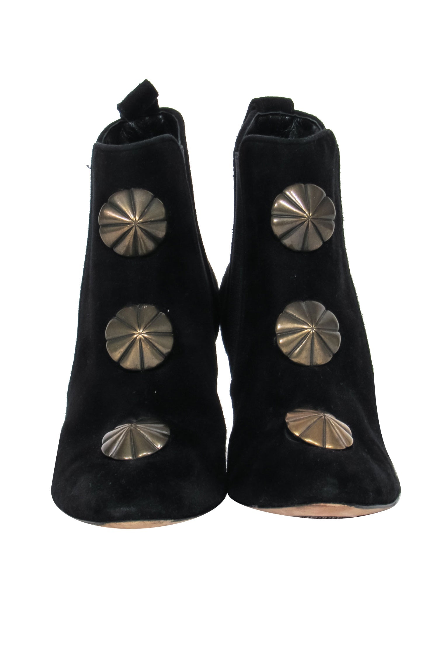 Manolo Blahnik Black Suede Ankle Boots with Gold Scalloped Motif - Size 7