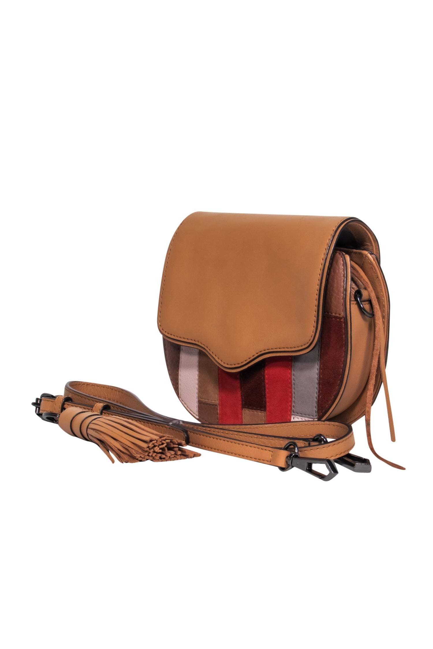 Rebecca Minkoff Tan Patchwork Tassel Crossbody Saddle Bag - A Colorful Fashion Must-Have!