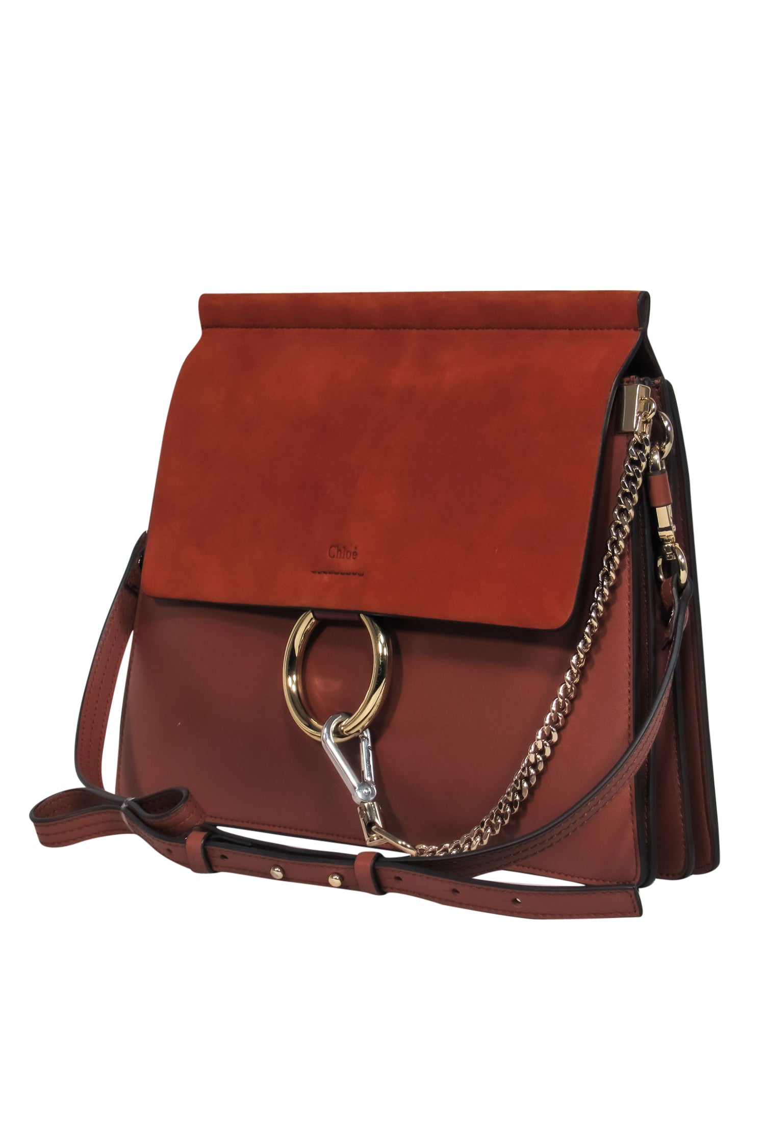 Chloe Faye Fold-Over Shoulder Bag: Brown Leather & Suede with Stunning Ring Hardware