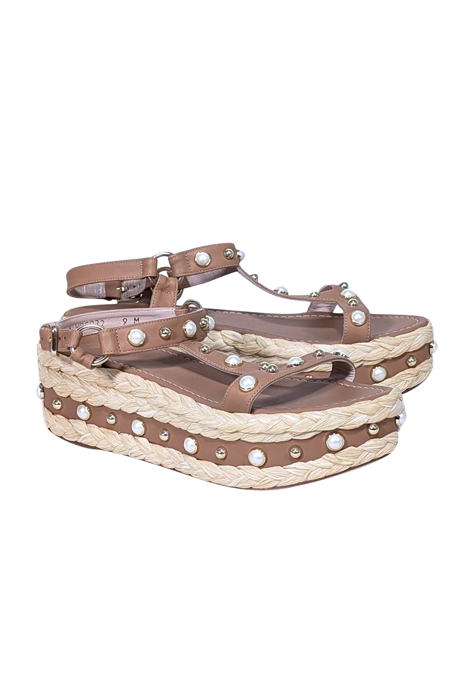 Stuart Weitzman - Tan & Beige Beraffia Pearly Vachetta Platform Sandals for Summer Fun, Size 9
