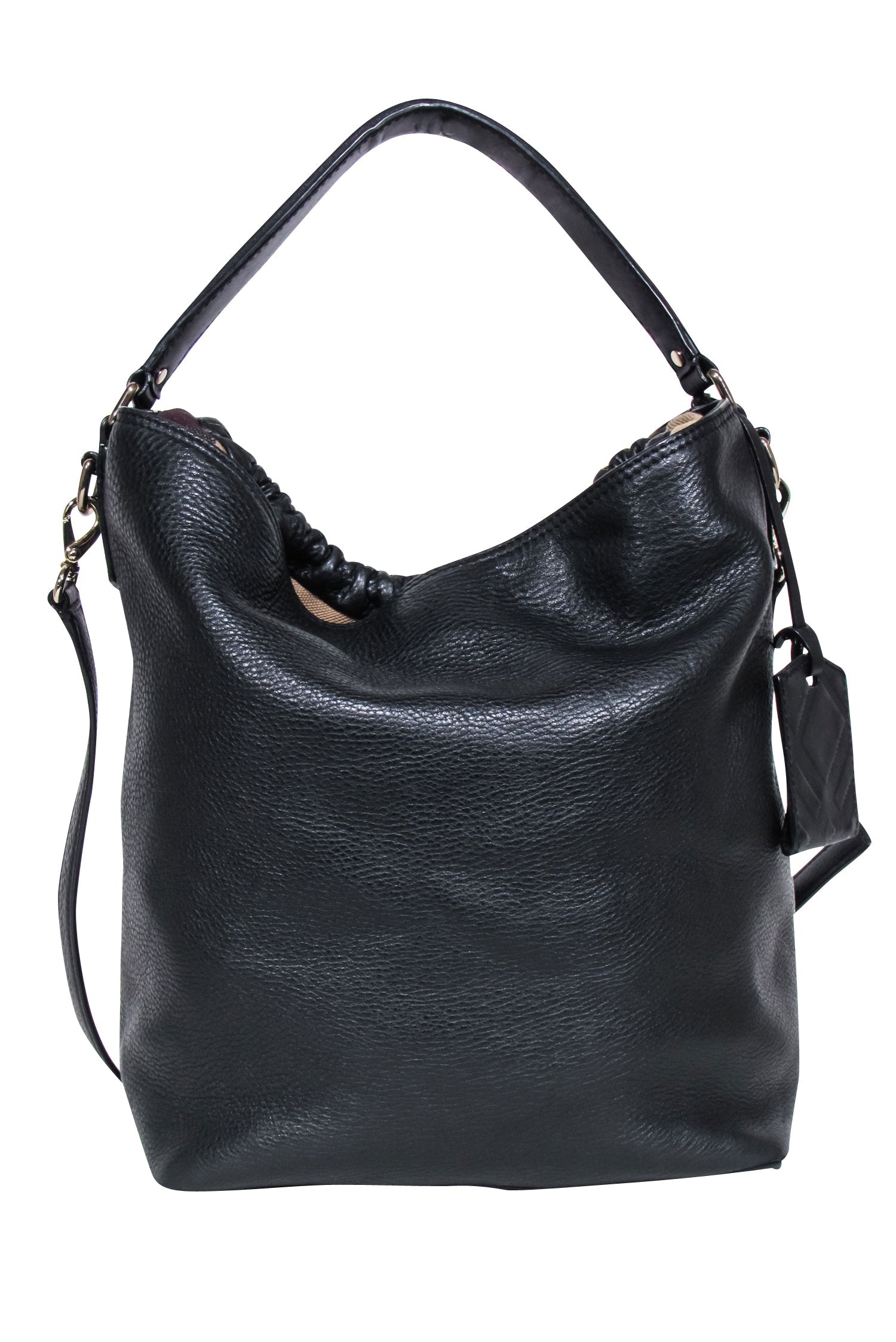 Burberry's Stunning Black Leather Large Bucket Bag with Signature Plaid Trim