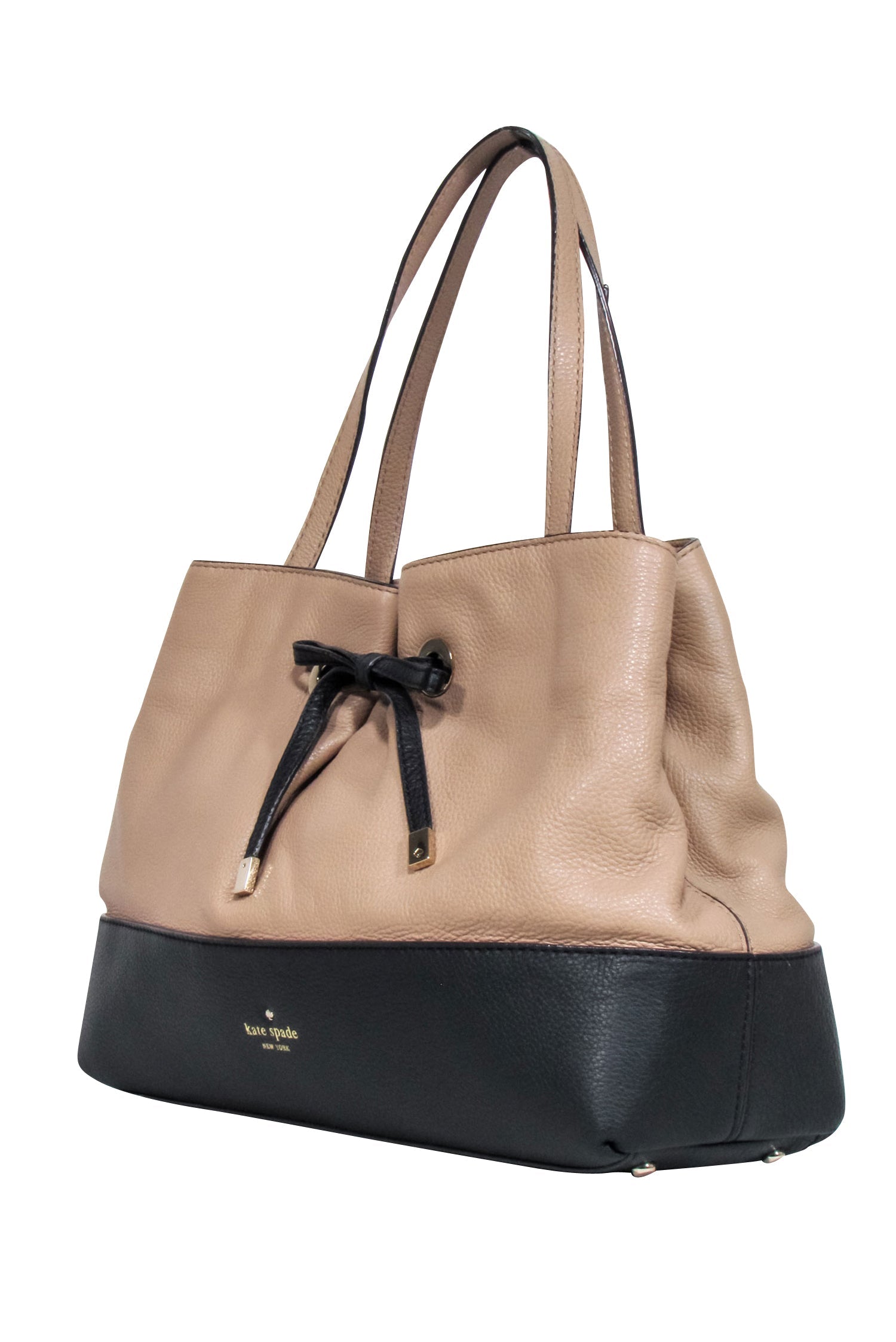 Kate Spade - Elegant Beige & Black Leather Handbag with Charming Bow Accent