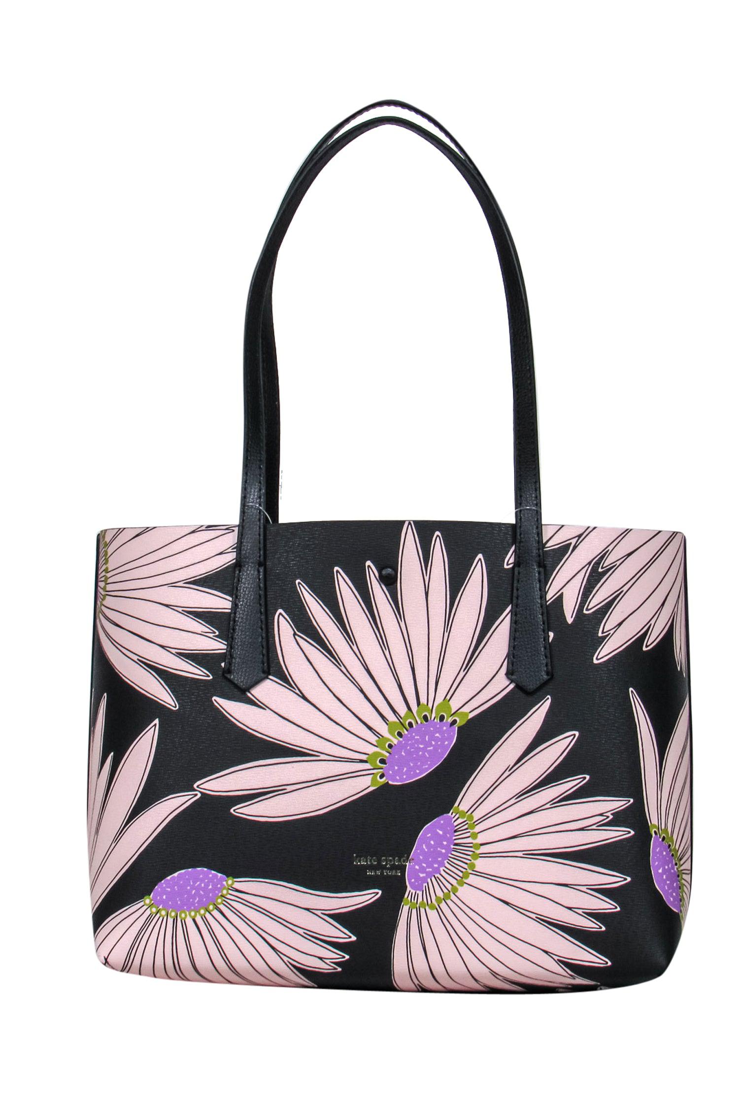 Kate Spade - Stunning Medium Tote with Blush & Purple Floral Design on Black