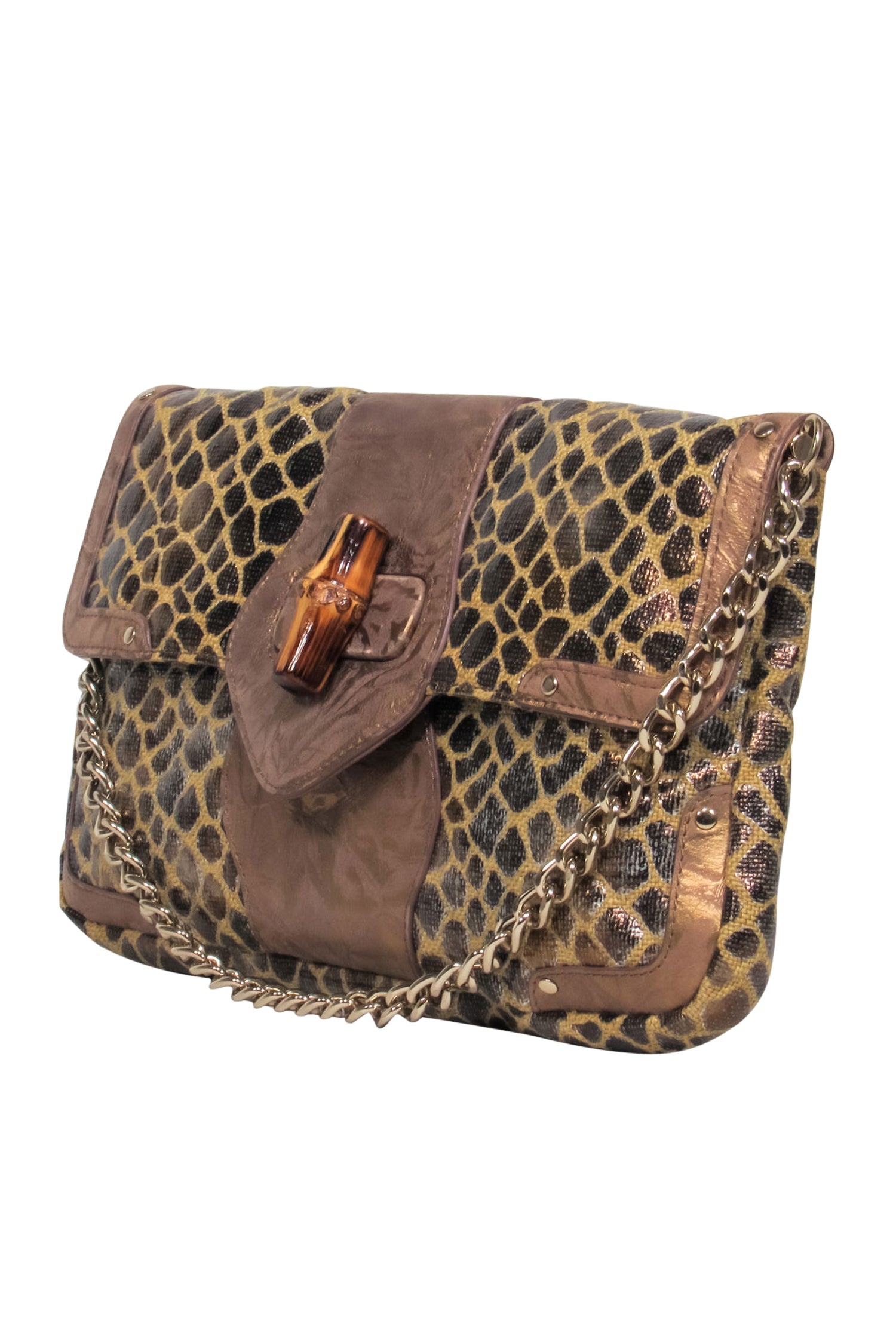 Elaine Turner's Stunning Bronze & Tan Giraffe Print Shoulder Bag with Bamboo Clasp