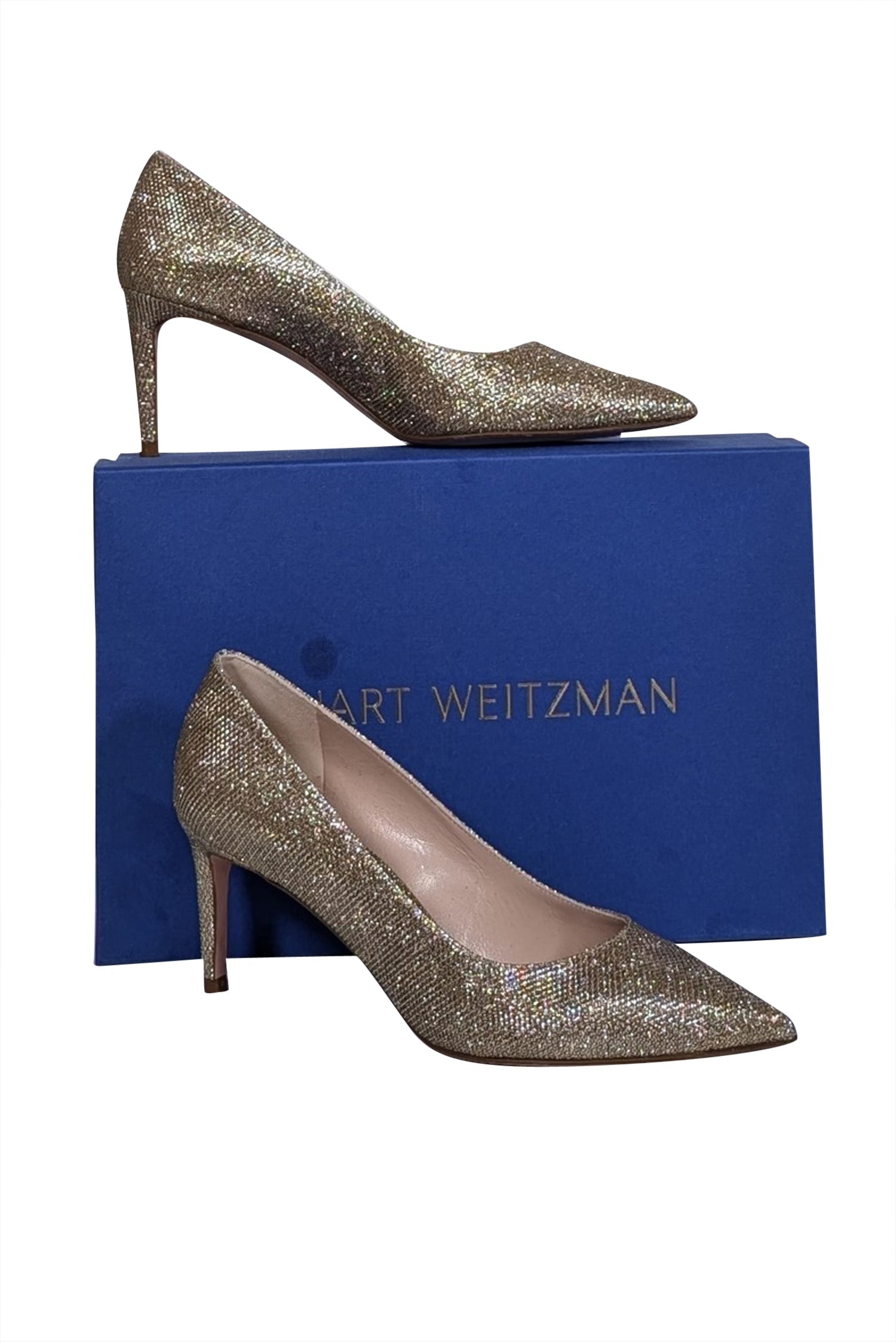 Stuart Weitzman Gold Sparkly Pointed Toe Pumps - Size 7.5 - Add Glamour Now!