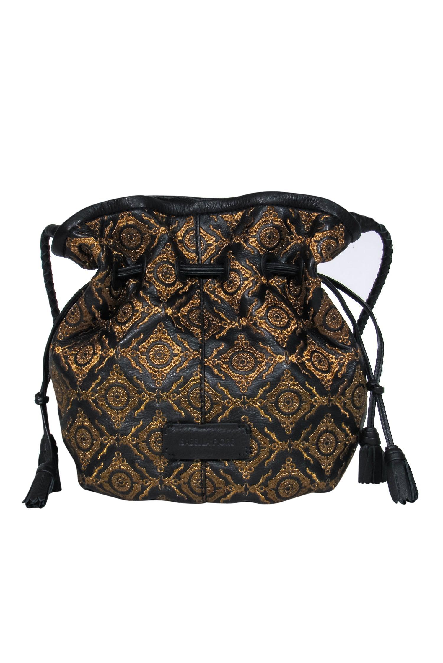 Isabella Fiore's Enchanting Black Leather & Gold Embroidered Grace Bucket Bag