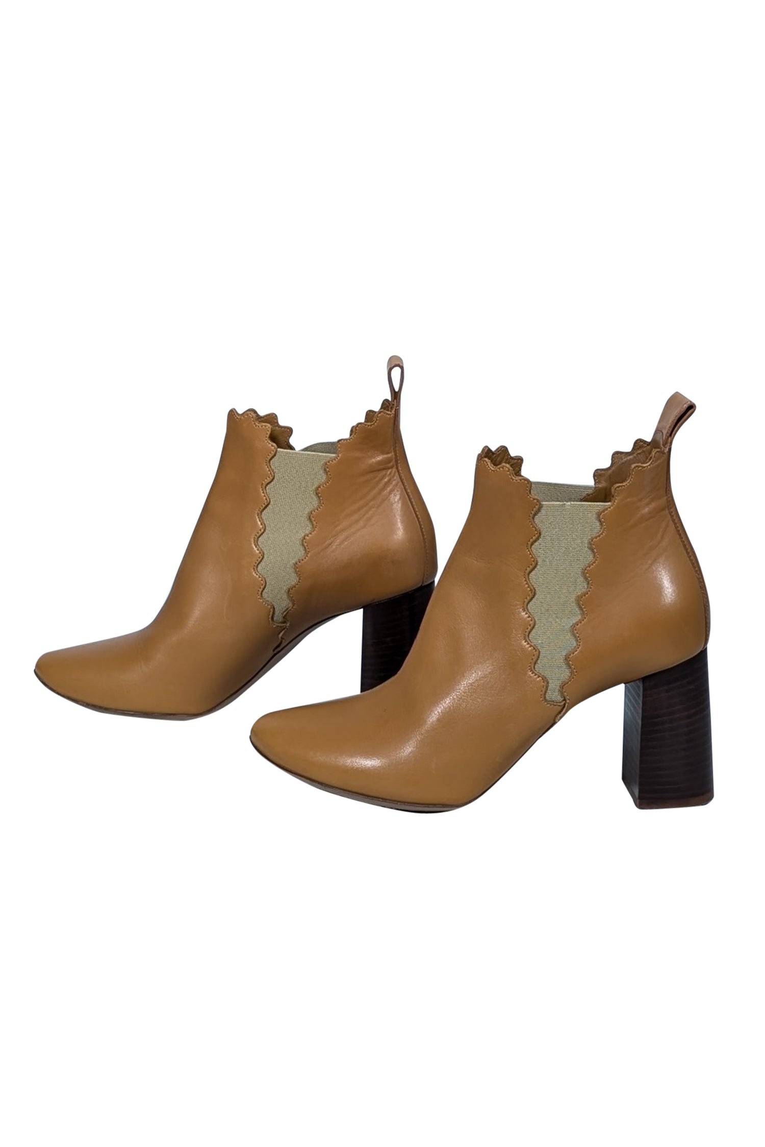Chloe's Irresistible Tan Leather Scalloped Trim Chelsea Short Boots - Size 8.5