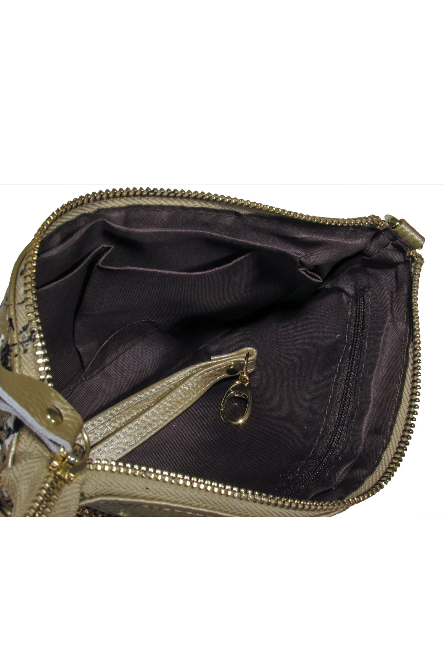 Anca Barbu's Gold Metallic Skull Print Convertible Crossbody Bag - Unleash Your Edge!