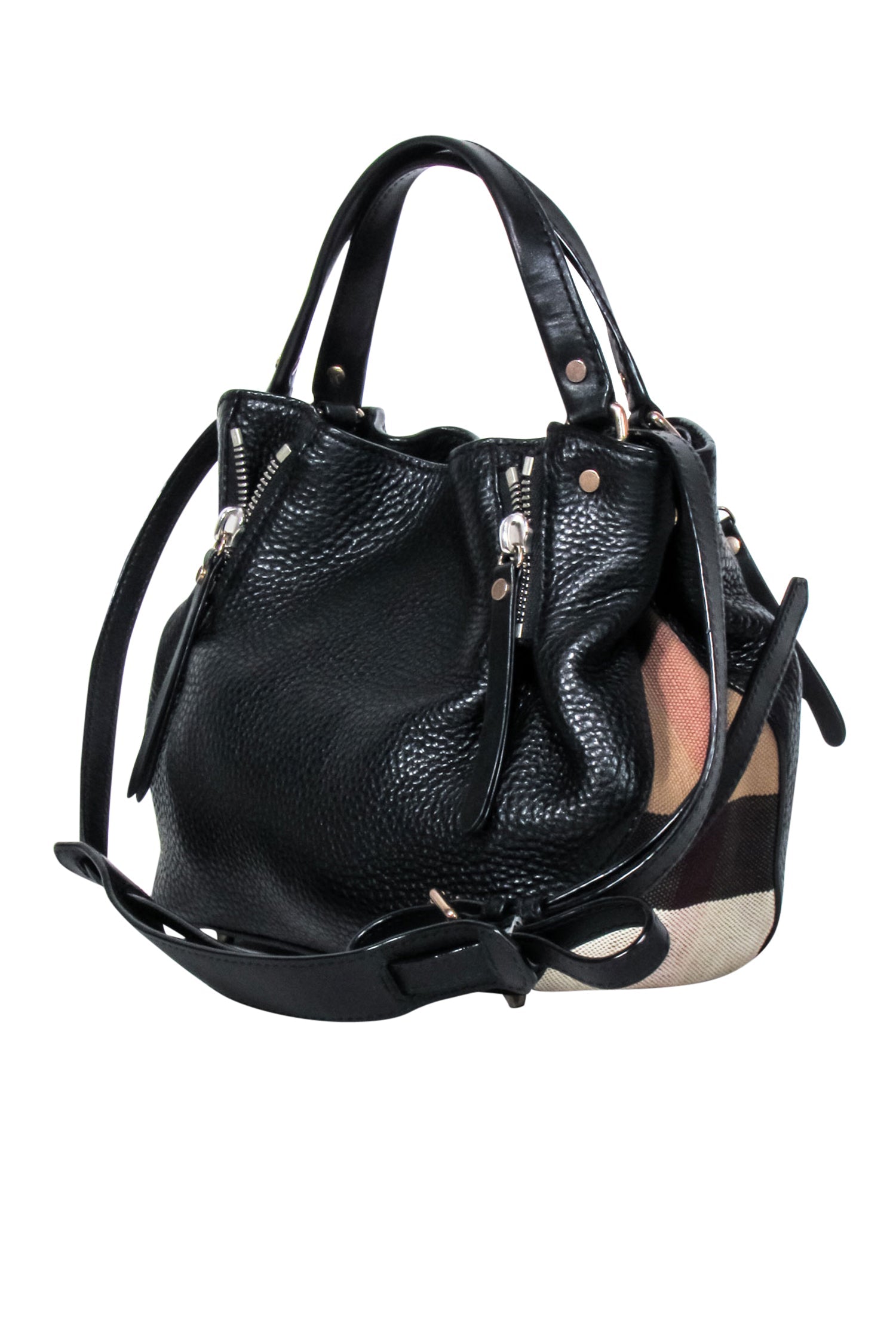 Burberry's Stylish Black Leather Crossbody Bag with Signature Plaid Sides
