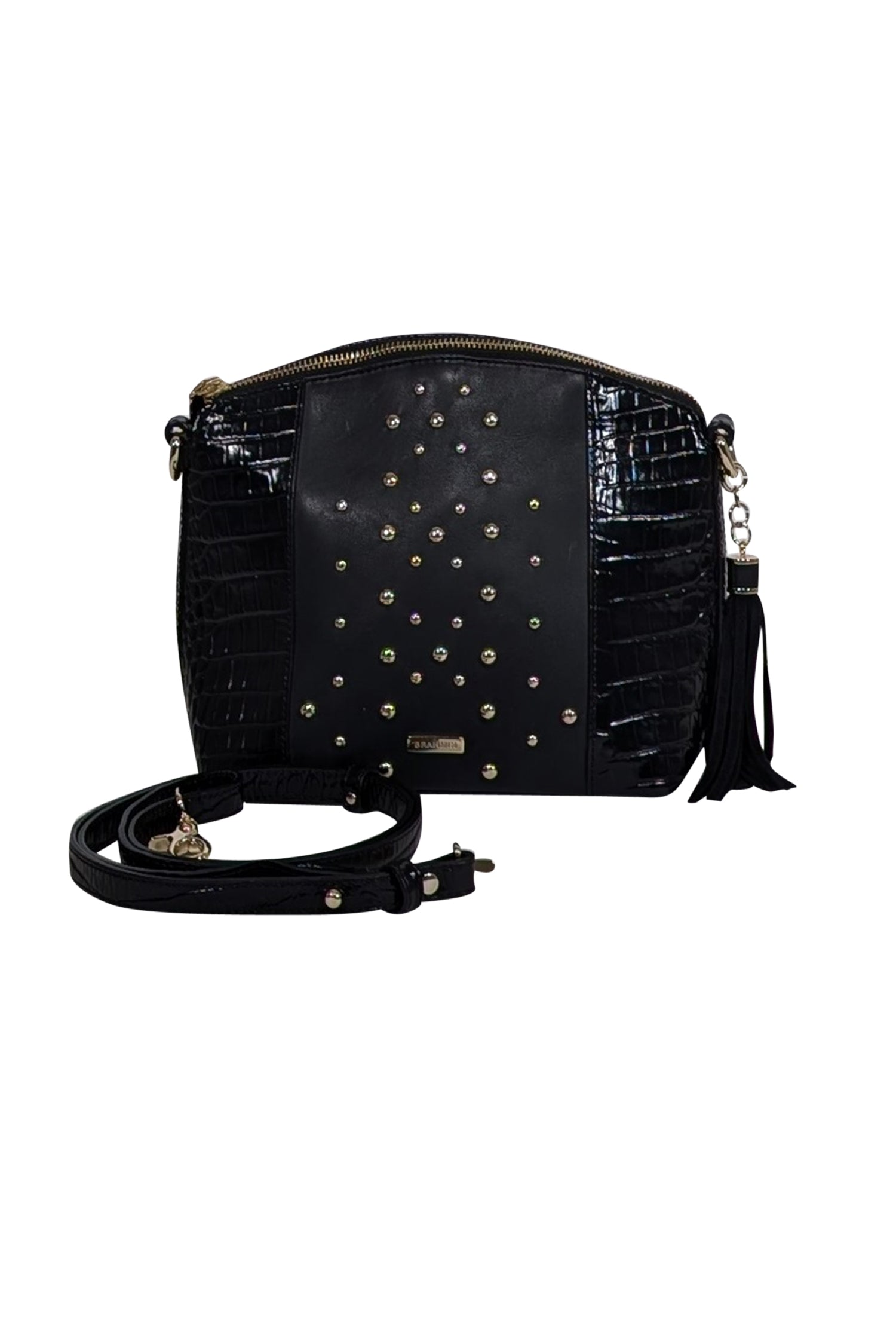 Brahmin's Black Croc-Embossed Shoulder Bag with Gold Studded Front