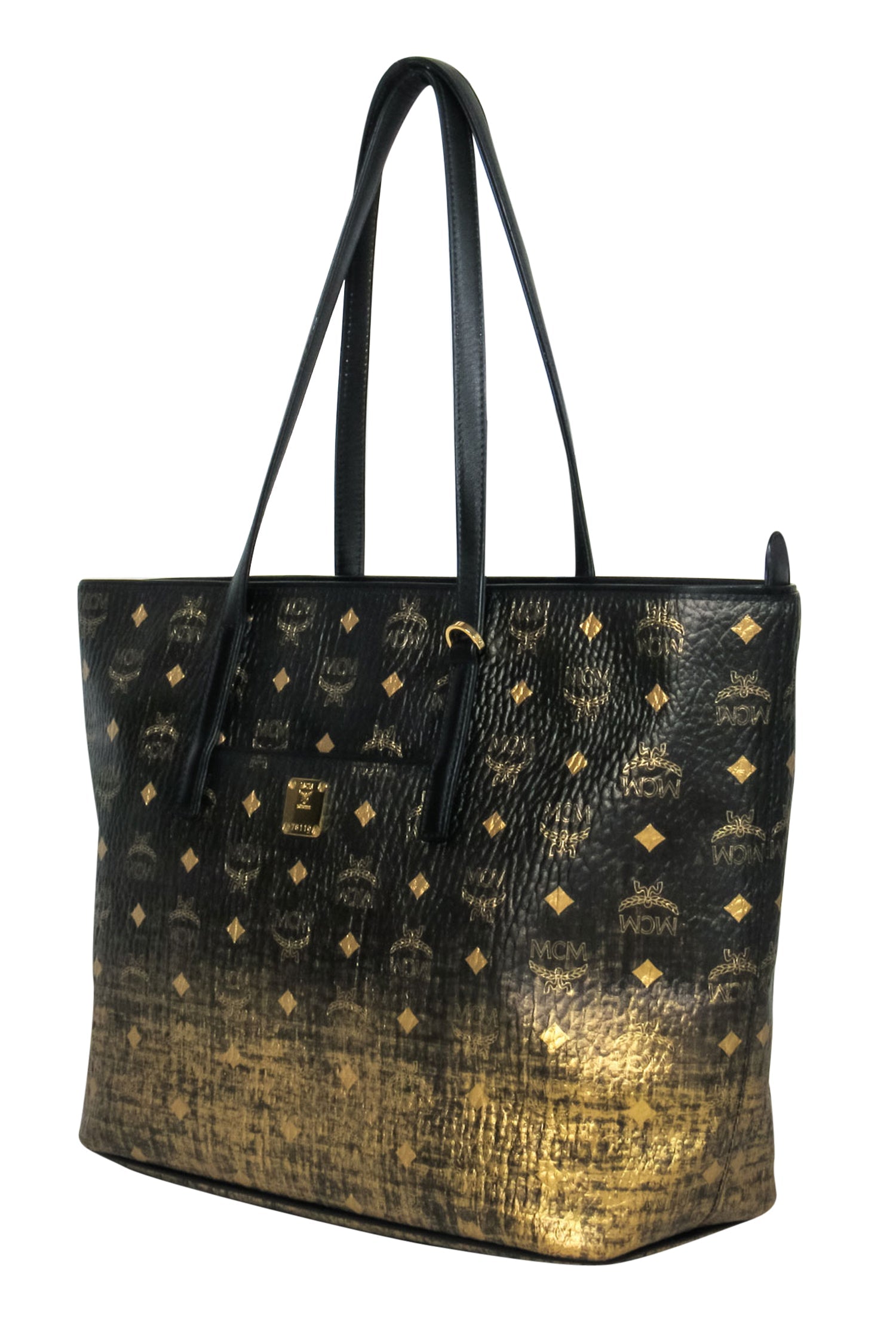 MCM - Stunning Black & Gold Pebbled Leather Ombre Monogram Print Tote