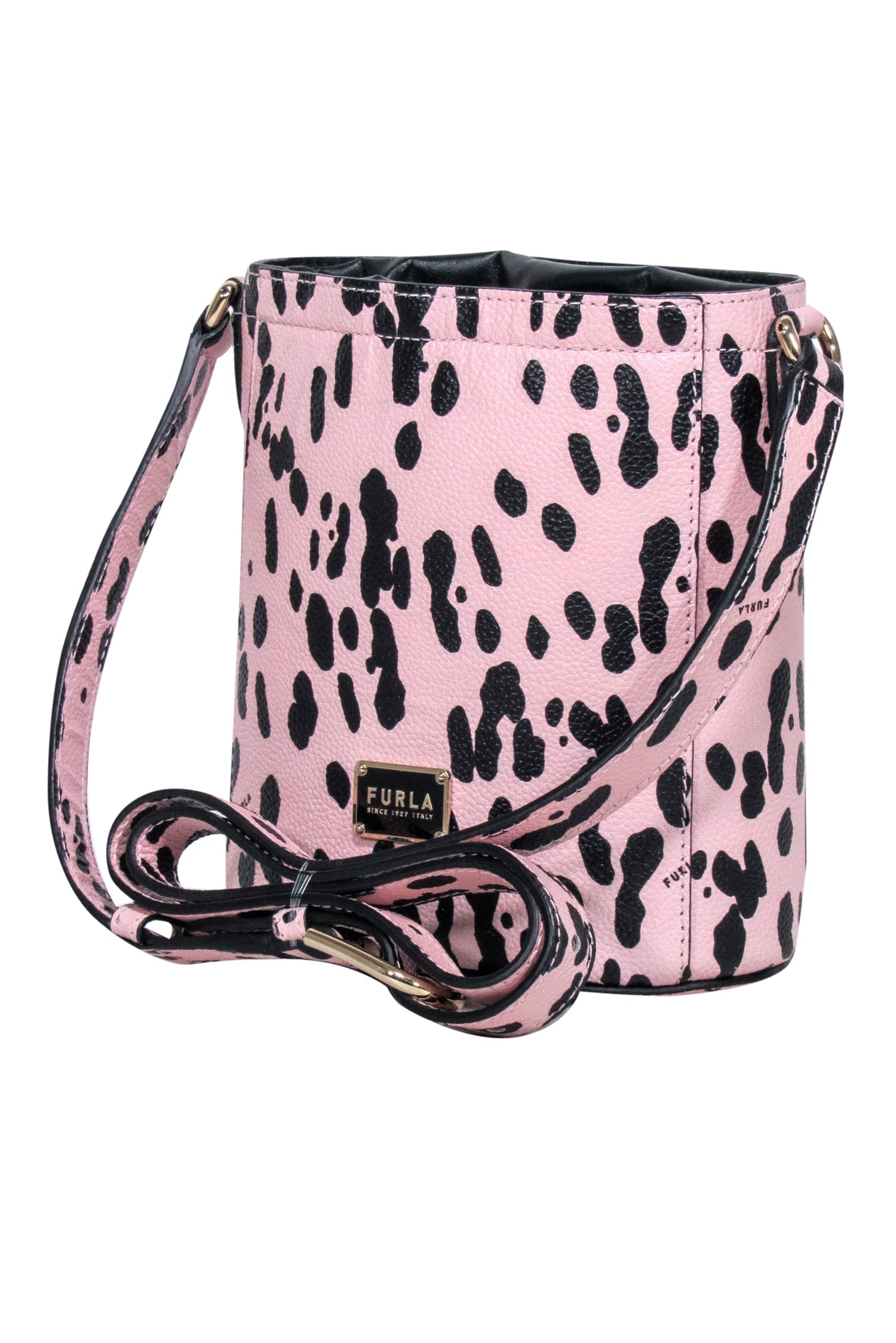 Furla - Charming Light Pink & Black Spotted Leather Bucket Crossbody Bag