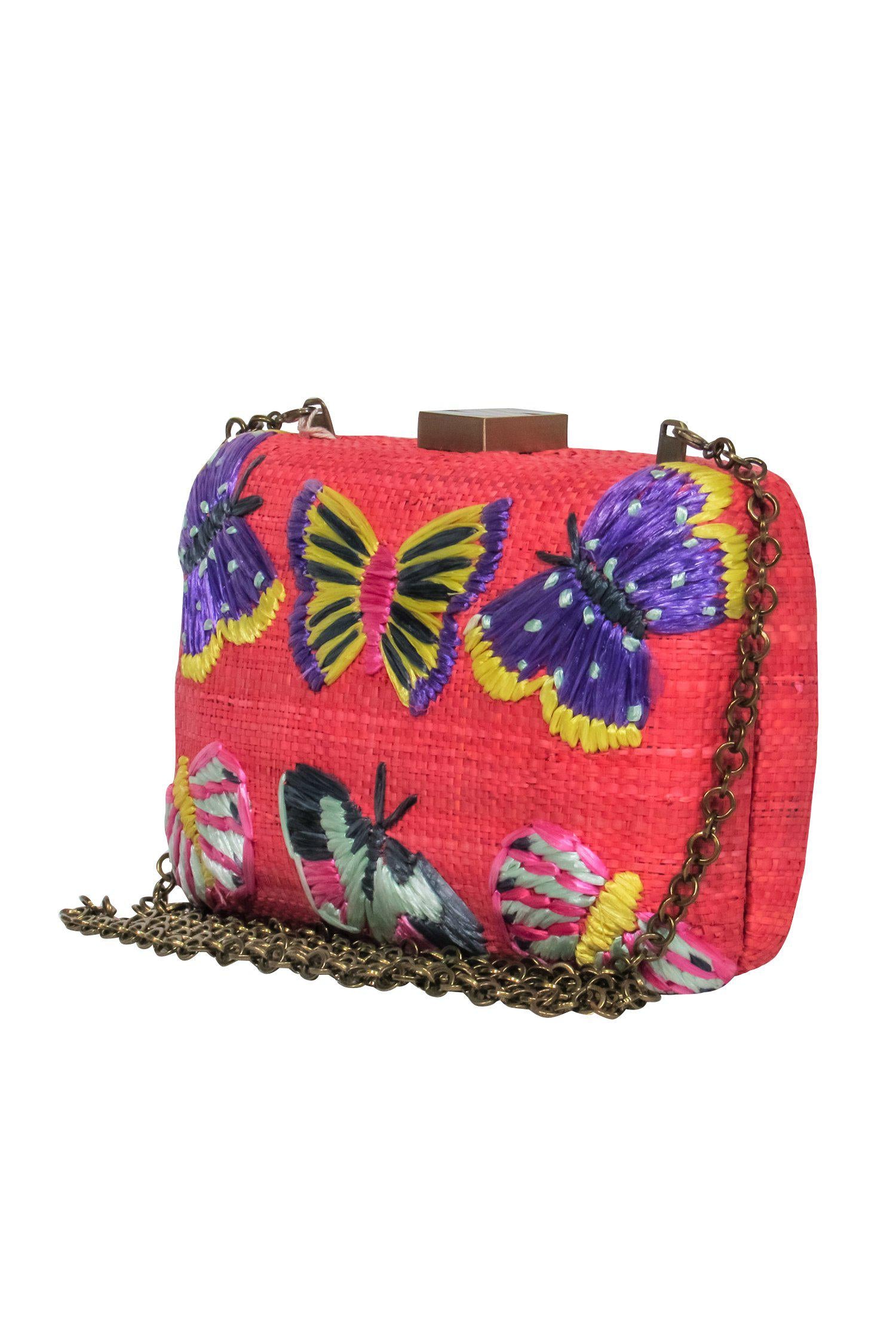 Serpui - Stunning Coral Wicker Structured Chain Crossbody with Butterfly Embroidery