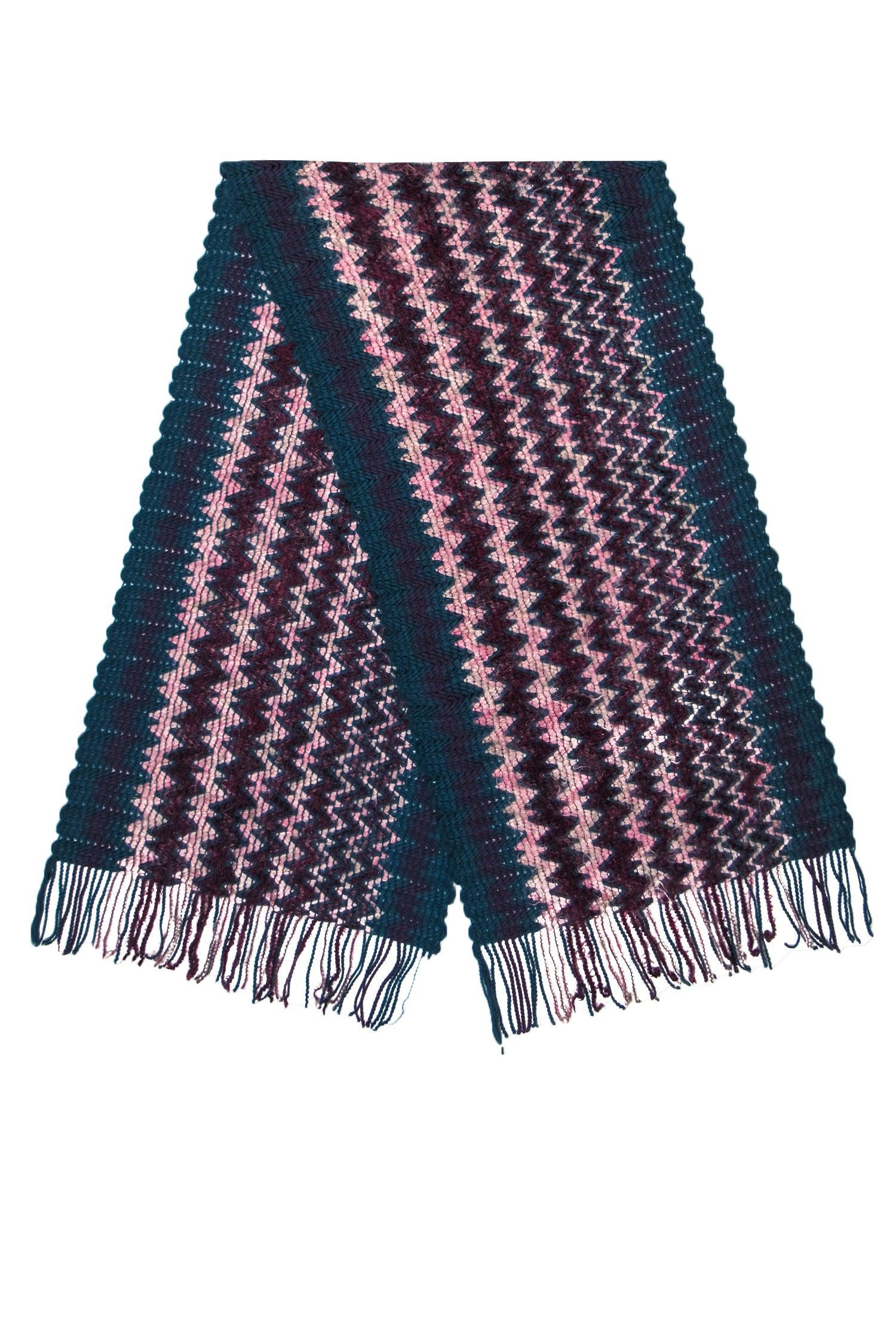 Missoni - Stunning Dark Teal, Purple & Pink Chevron Knit Wool Blend Scarf with Fringe