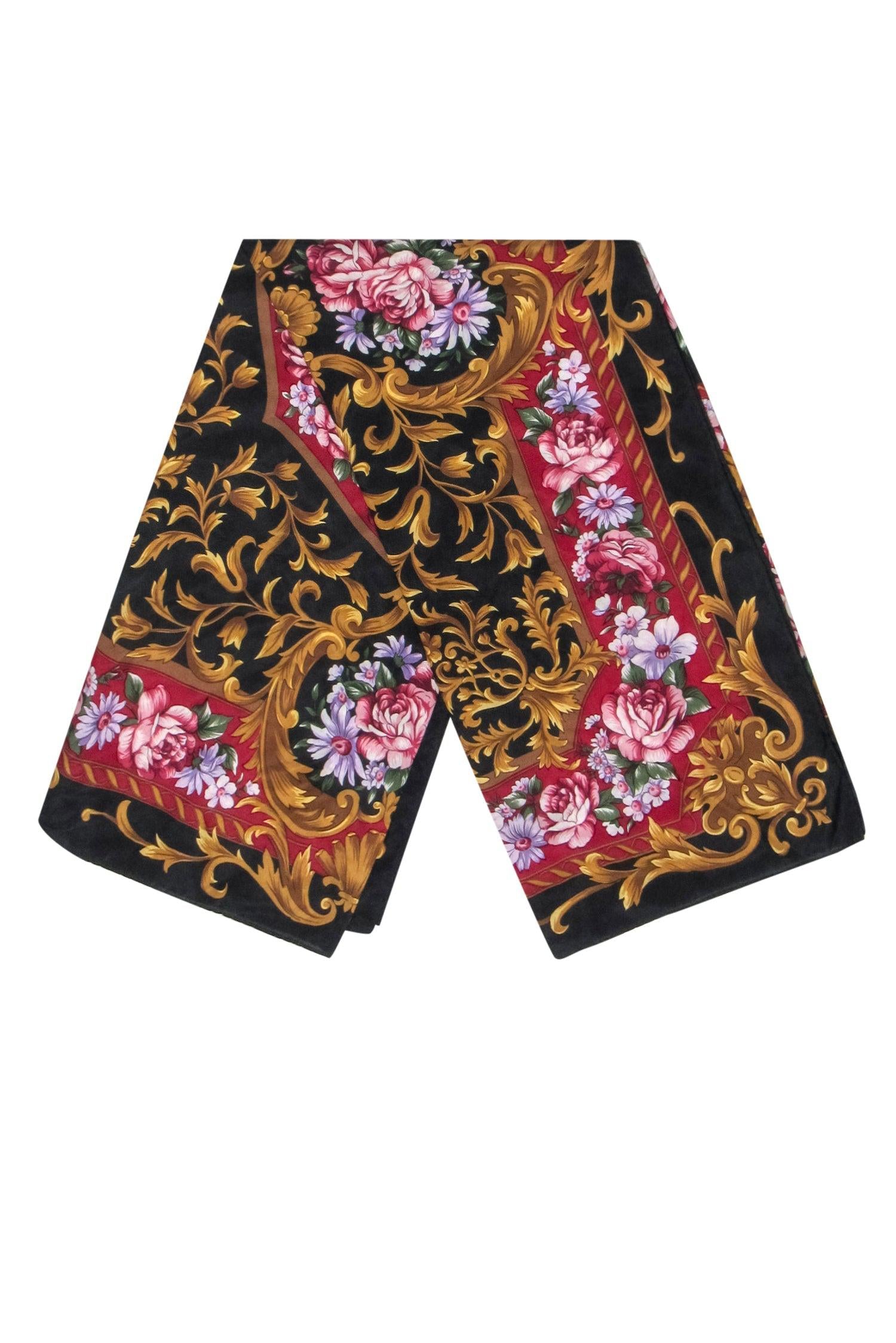 Oscar de la Renta - Exquisite Black & Multicolor Floral Print Silk Scarf