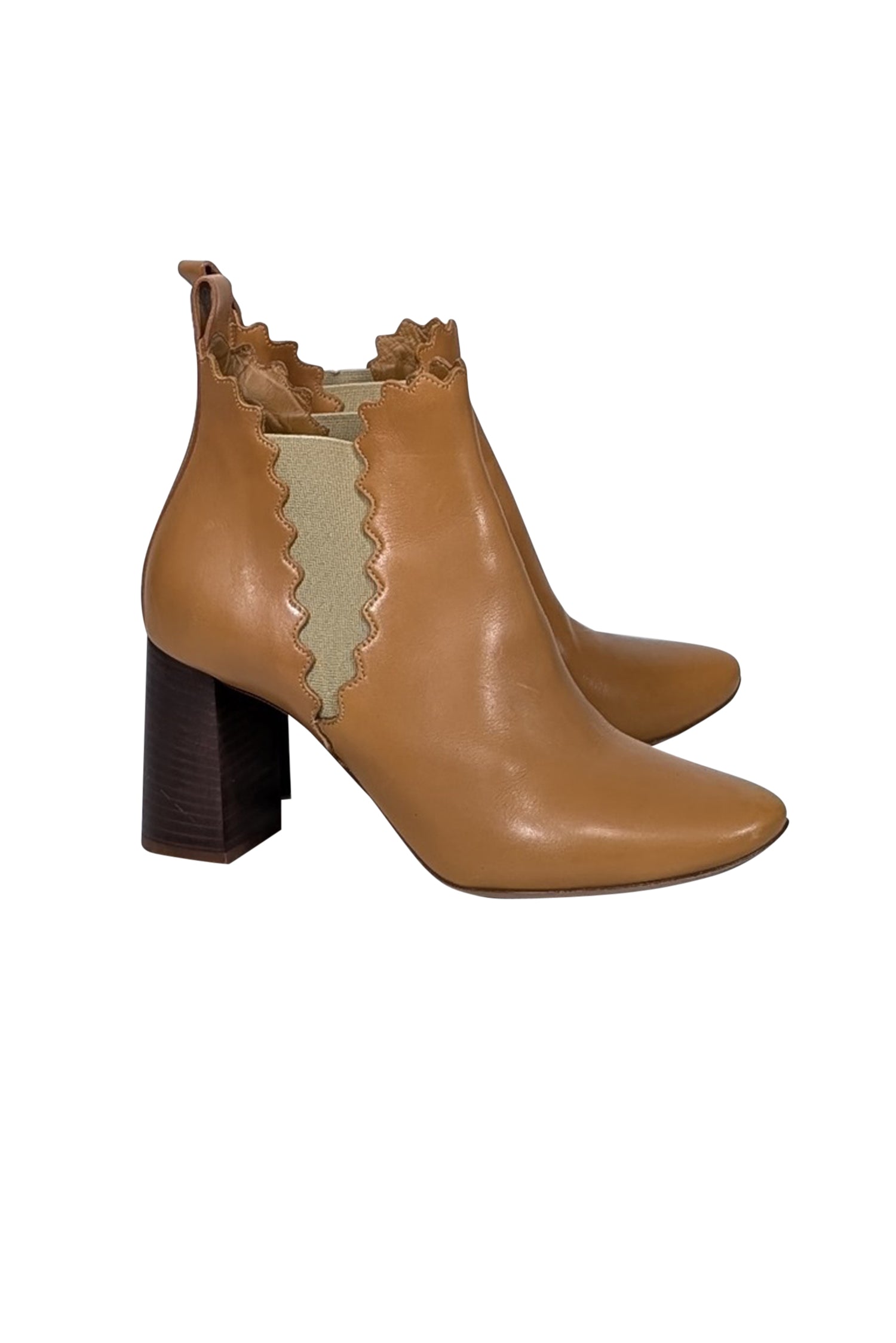 Chloe's Irresistible Tan Leather Scalloped Trim Chelsea Short Boots - Size 8.5