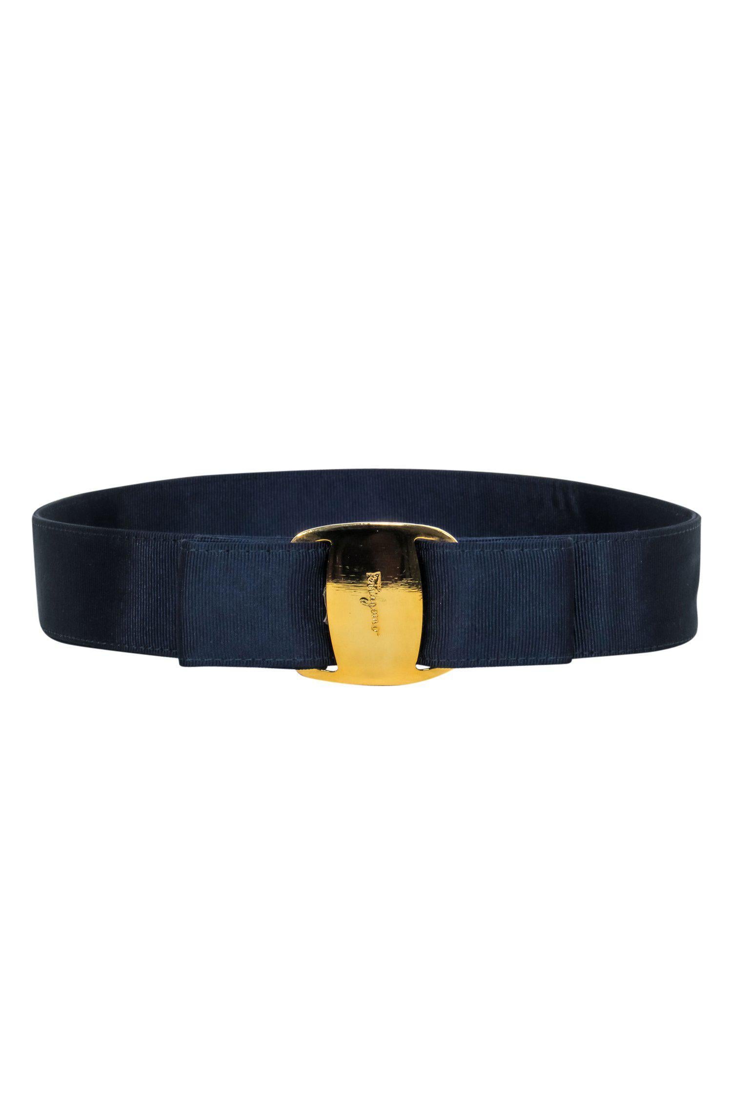 Ferragamo Navy Blue Belt with Stunning Gold Hardware